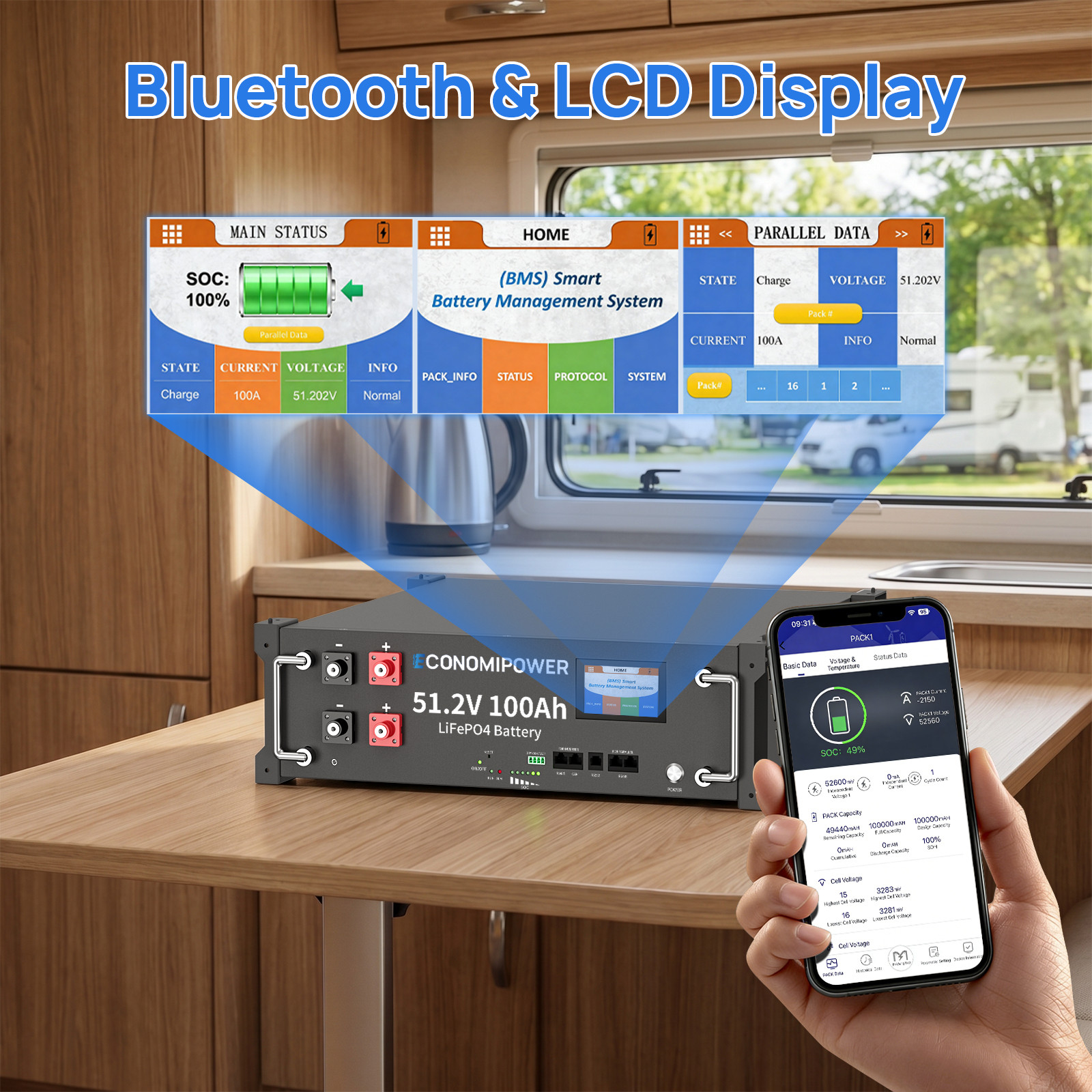 48V 100Ah 3U Rack LiFePO4 Battery 100A BMS Bluetooth Solar Home Off-Grid Storage