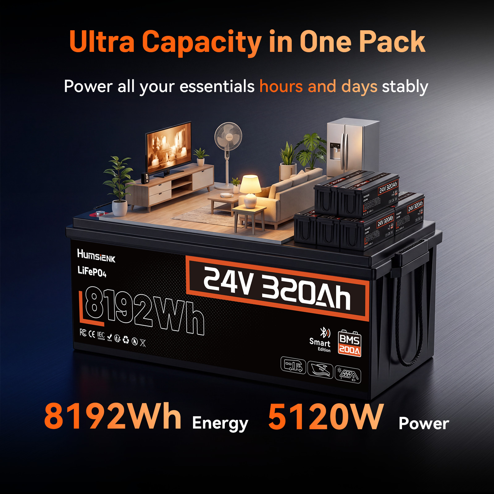 24V 300Ah 320Ah LiFePO4 Lithium Battery Deep Cycles Battery Bluetooth RVs Solar