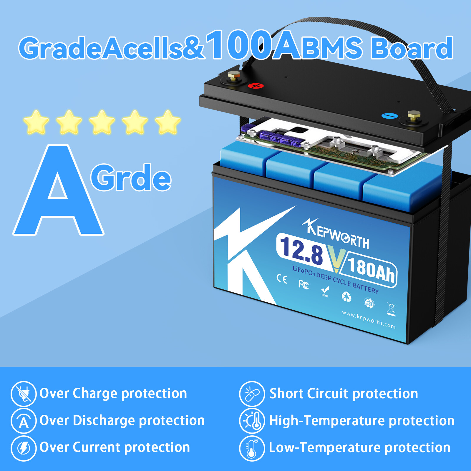 12V 180Ah Lithium Battery LiFePO4 100A BMS for Solar RV Trolling motor Off-grid