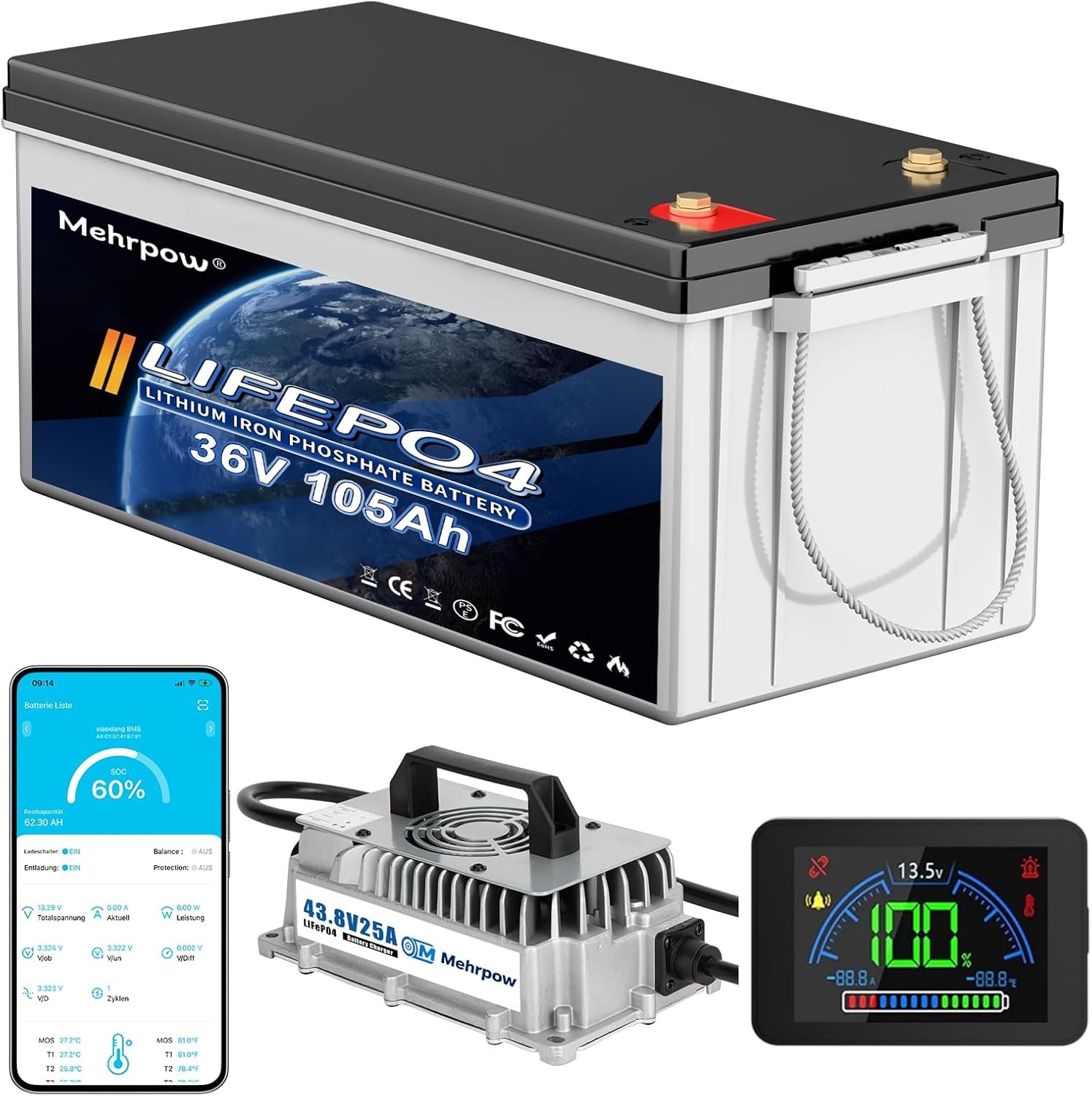 36V 105Ah lithium golf cart Battery 200A Bluetooth BMS 25A Charger for Golf Cart