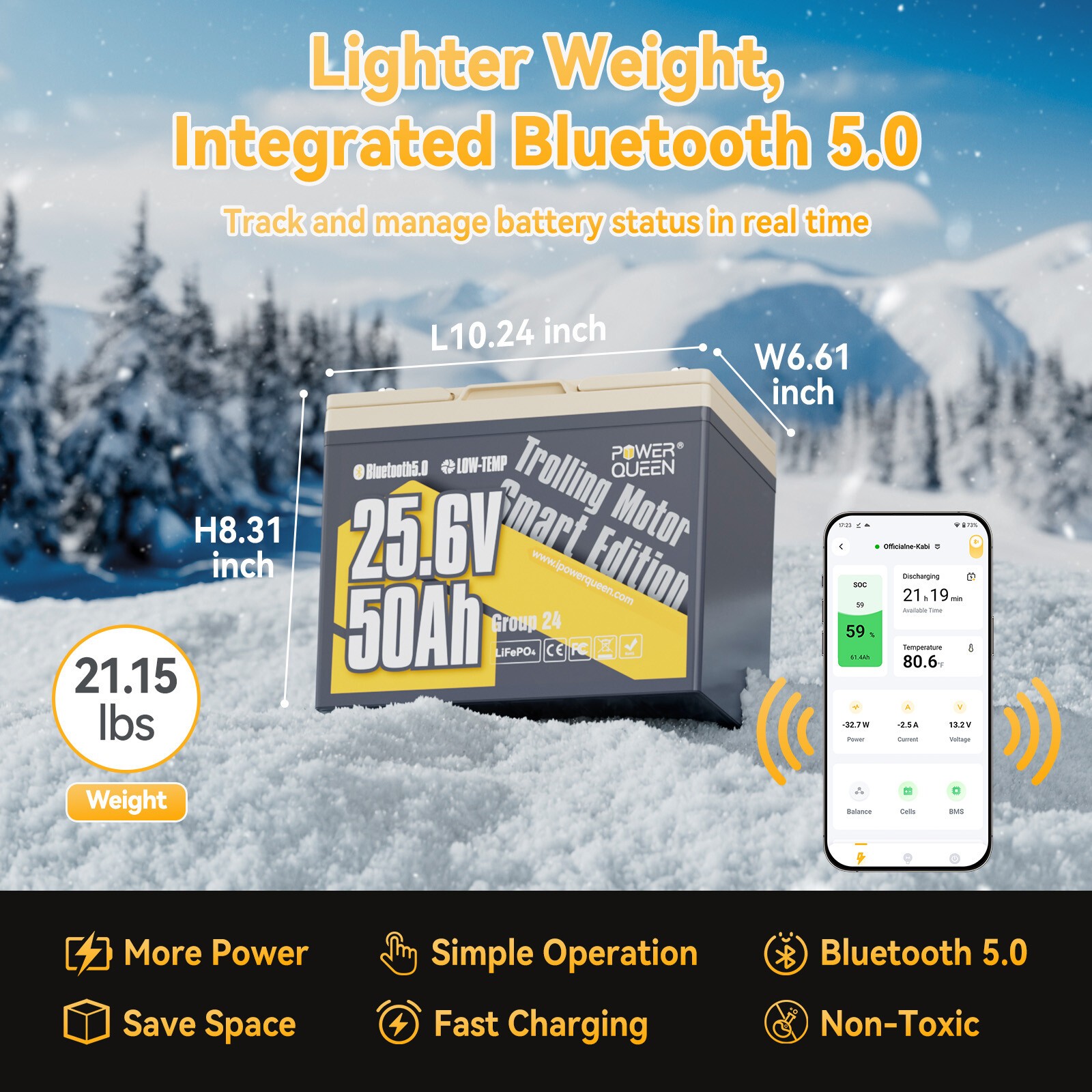 Power Queen 24V 50Ah Bluetooth LiFePO4 Battery for Trolling Motor-Used