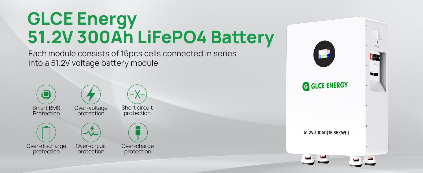 48V 300Ah LiFePO4 Lithium Battery 15.36kWh Capacity Bluetooth for Off-Grid Solar