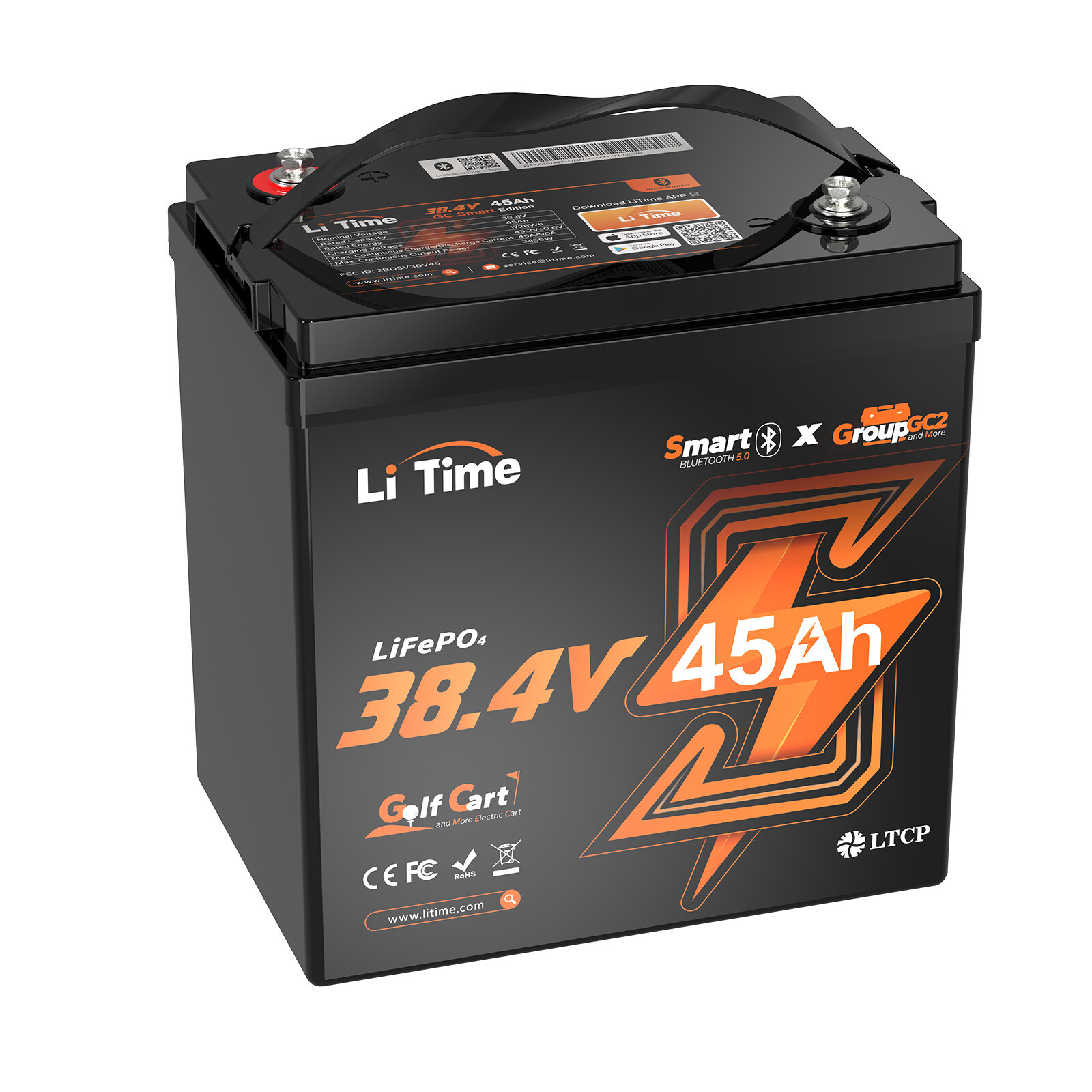 LiTime 36V 45Ah GC2 90A BMS LiFePO4 Lithium Battery For 2kw Electric Golf Cart