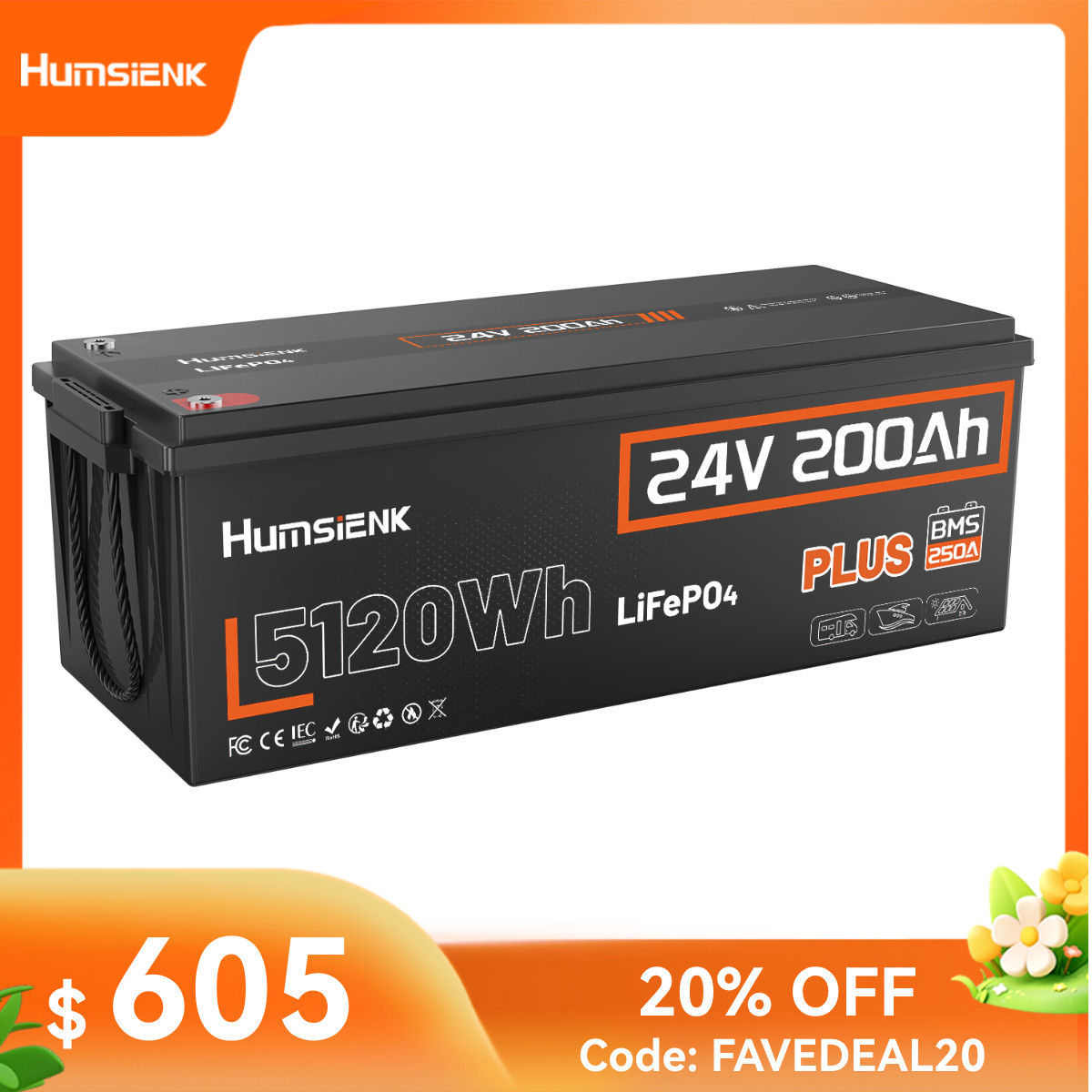 HumsiENK 24V 200Ah Plus LiFePO4 Lithium Battery Upgraded 250A BMS Marine Kayak