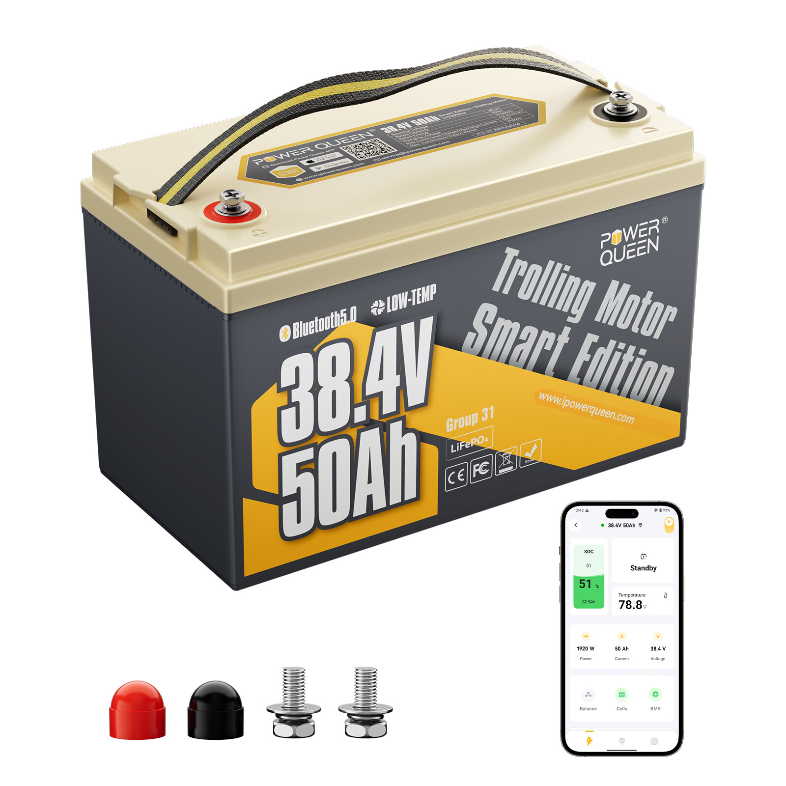 Power Queen 36V 50Ah Bluetooth LiFePO4 Battery Lithium for Marine Trolling Motor