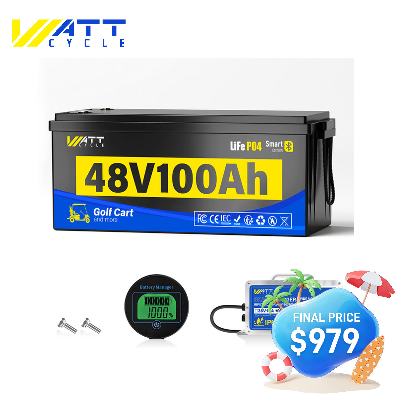 48V 100Ah with 200A BMS LiFePO4 Lithium Golf Cart Battery + 58.4V 15A Charger
