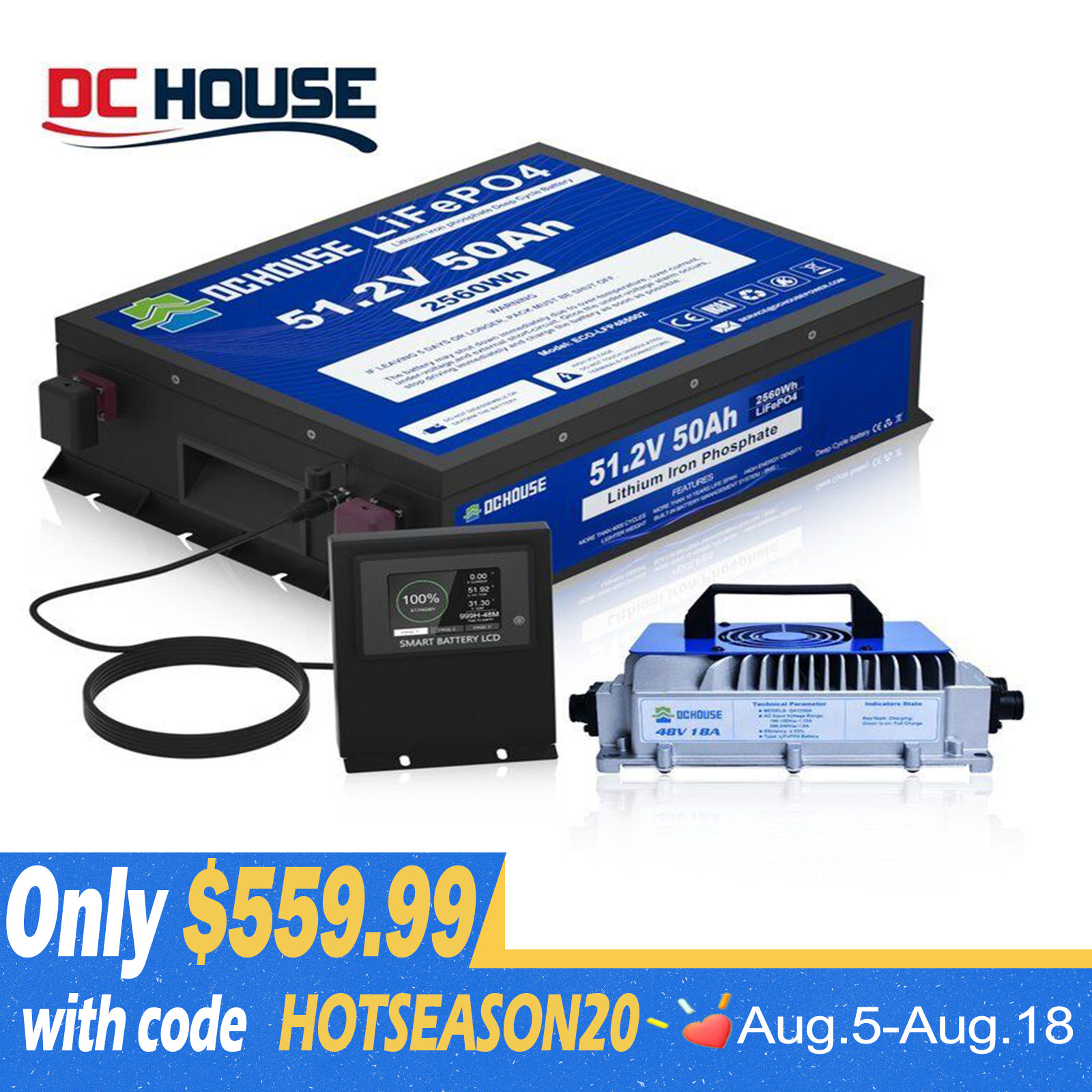 48V 50Ah LiFePO4 Lithium Battery Golf Cart with 18A Charger Smart Monitor RV