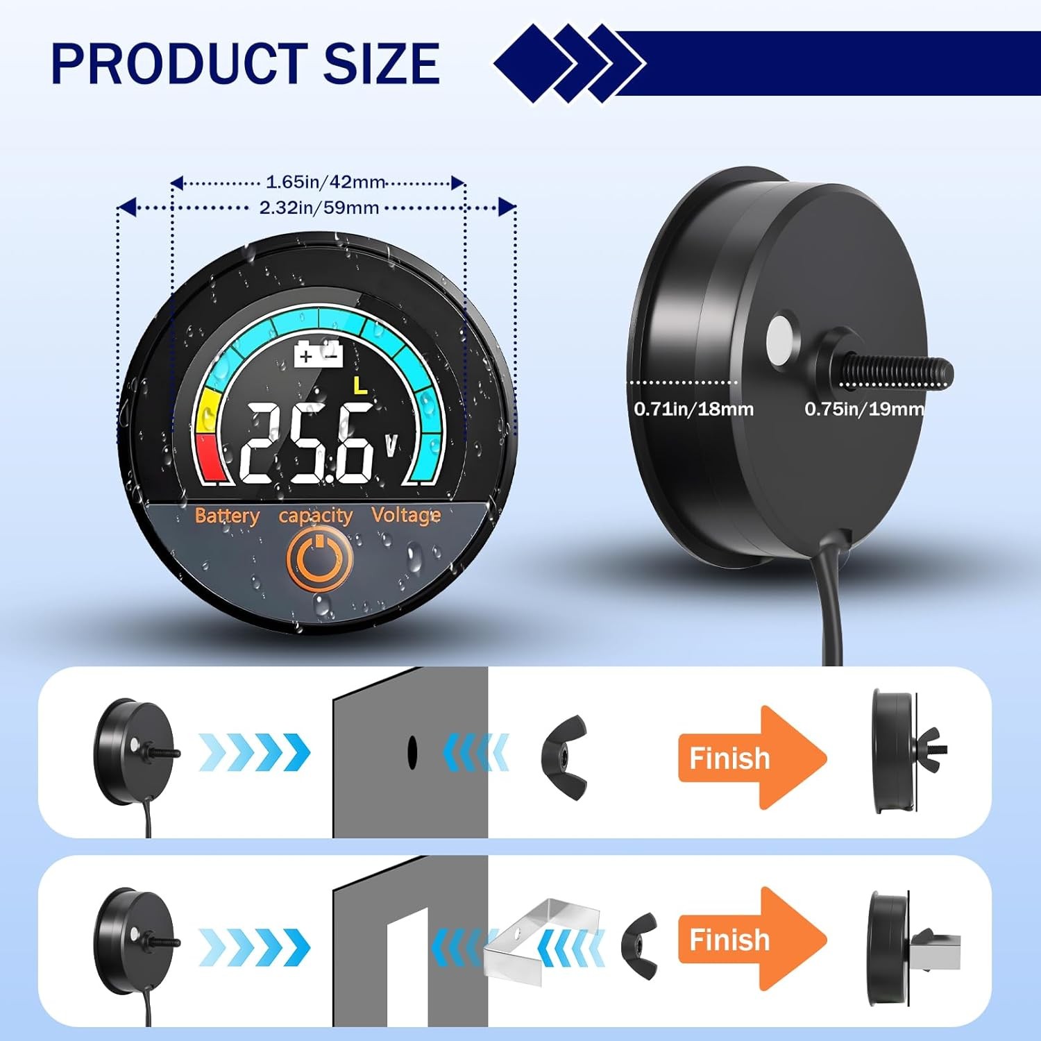 Blue IP67 Waterproof Battery Meter Monitor – 12V 24V 36V 48V 60V 72V 84V Digital