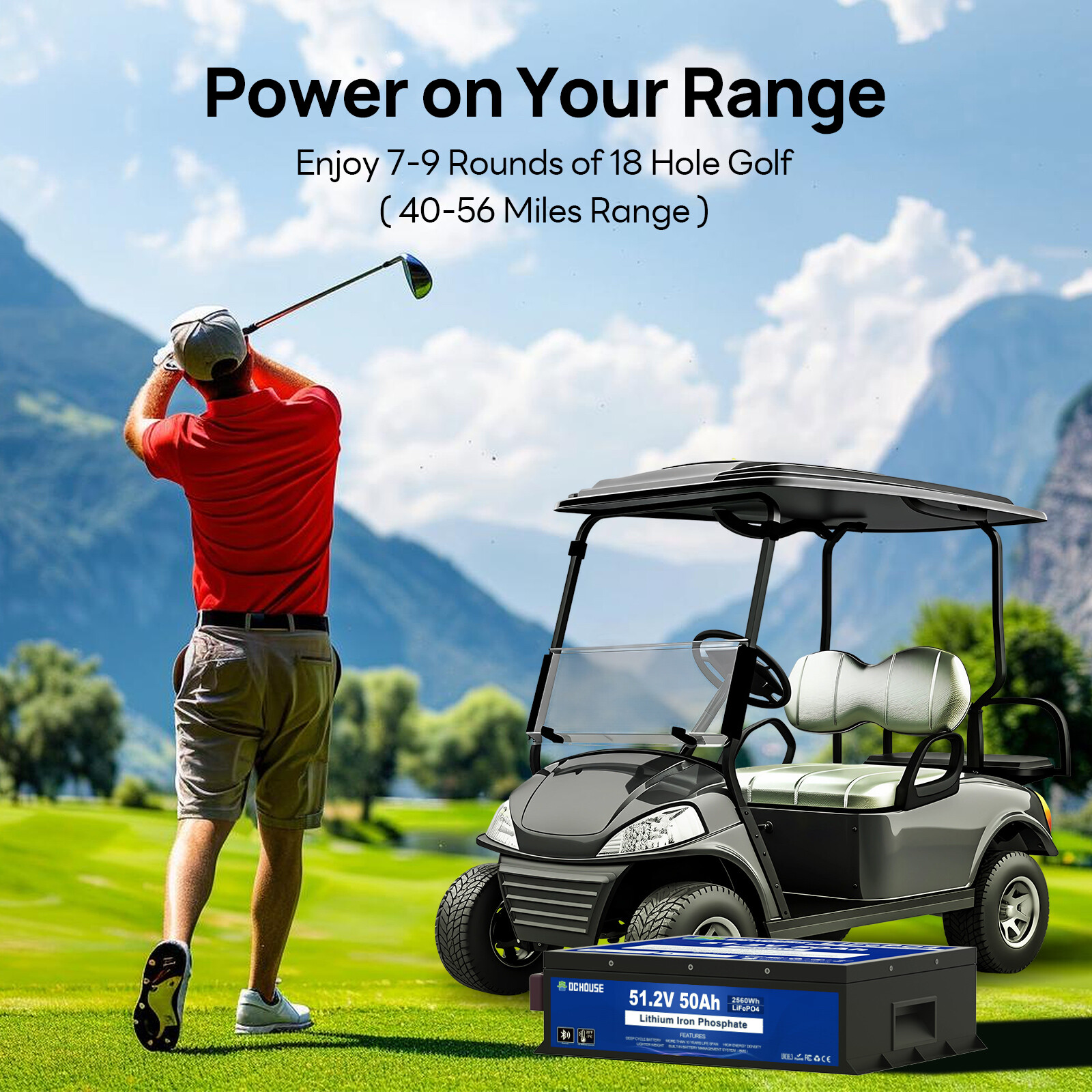 48V 50Ah LiFePO4 Golf Cart Battery Deep Cycle with Smart Monitor Trolling Motor