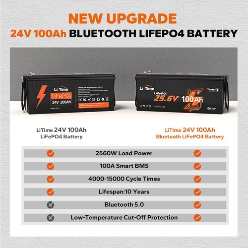 Litime 24V 100Ah Bluetooth 5.0 Low Temp LiFePO4 Lithium Battery For Off-grid RV