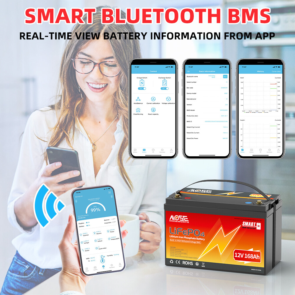 12V 168Ah Bluetooth LiFePO4 Lithium Battery Deep Cycle Smart BMS RV Marine Solar