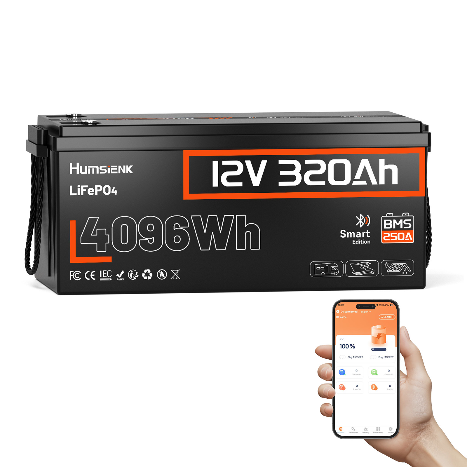 Humsienk 12V 300Ah 314Ah 320Ah LiFePO4 Battery 200A BMS Solar Camping Off-Grid