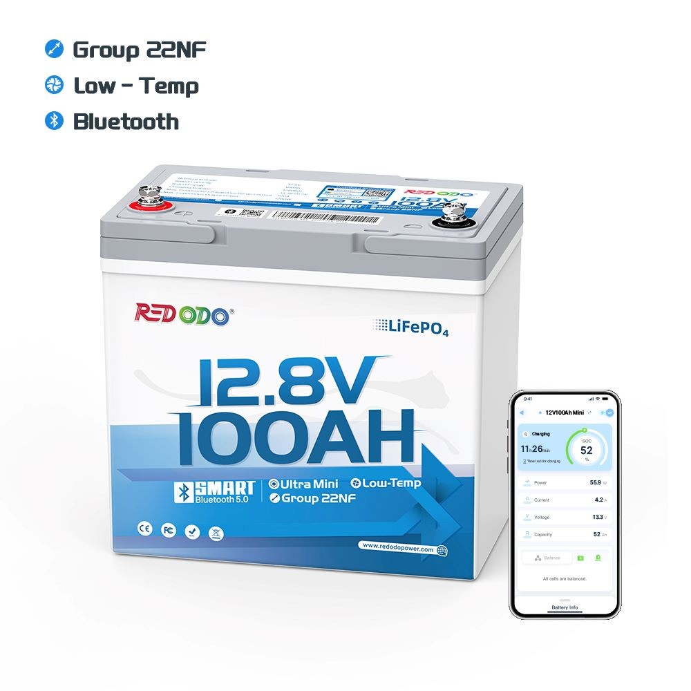 Redodo 12V 100Ah Bluetooth LiFePO4 Lithium Battery Group 22NF Ultral-Mini Size