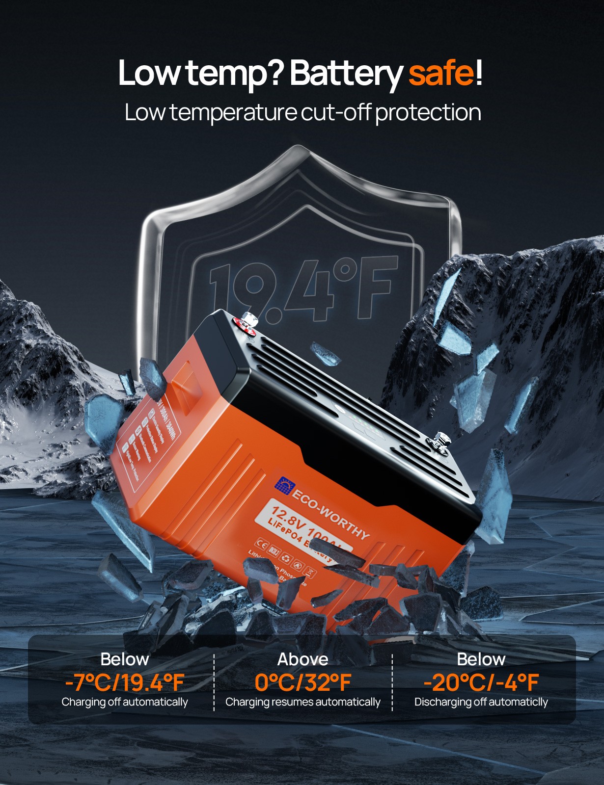 ECO-WORTHY 1280Wh 12V 100AH LiFePO4 Lithium Battery With SOC Display Bluetooth
