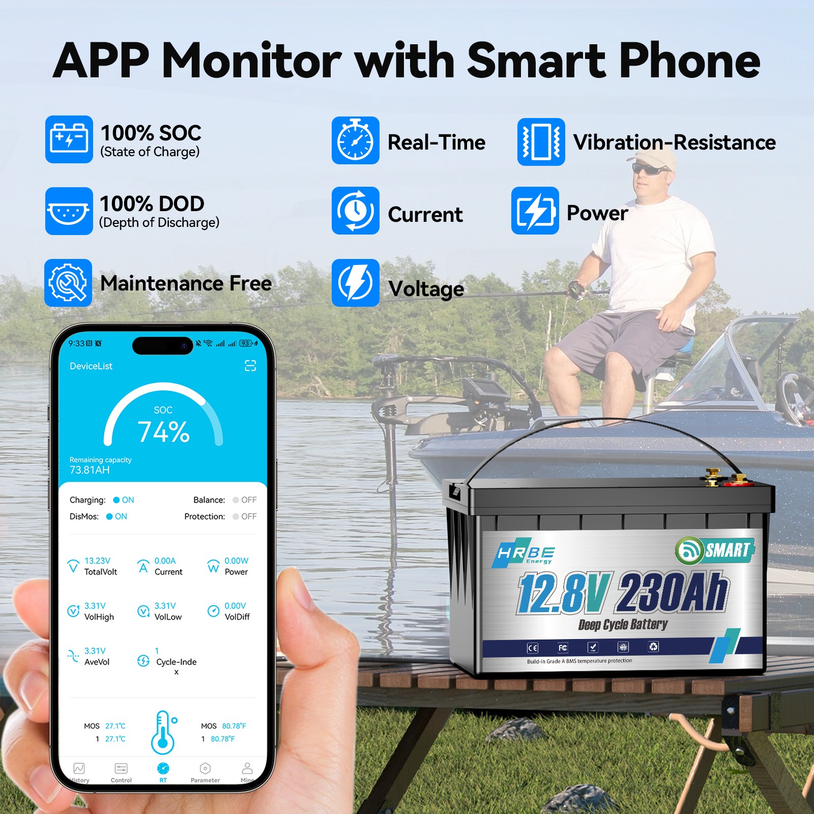 12V 230Ah Bluetooth Low Temp LiFePO4 Lithium Battery 3840WH For RV Marine Solar
