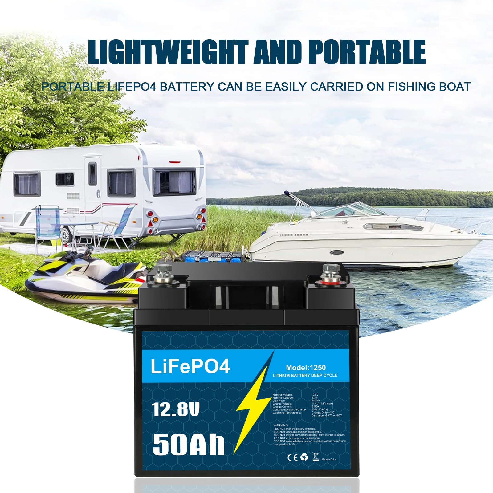 4PACK 12V 50Ah 640Wh LiFePO4 Lithium Battery with BMS for RV Off-grid Trolling