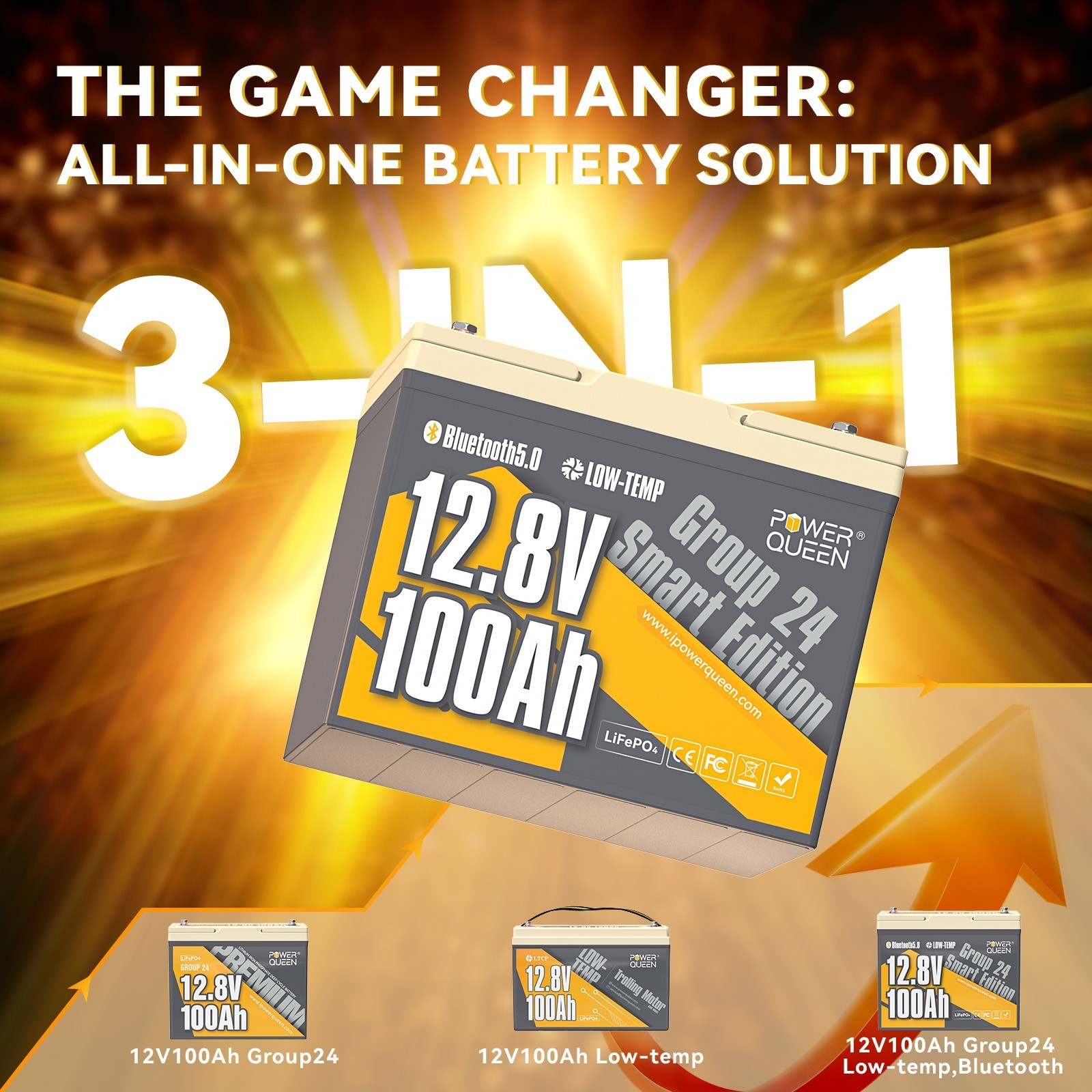 Used Power Queen 12V 100Ah Bluetooth Group 24 LiFePO4 Battery for RV Boat