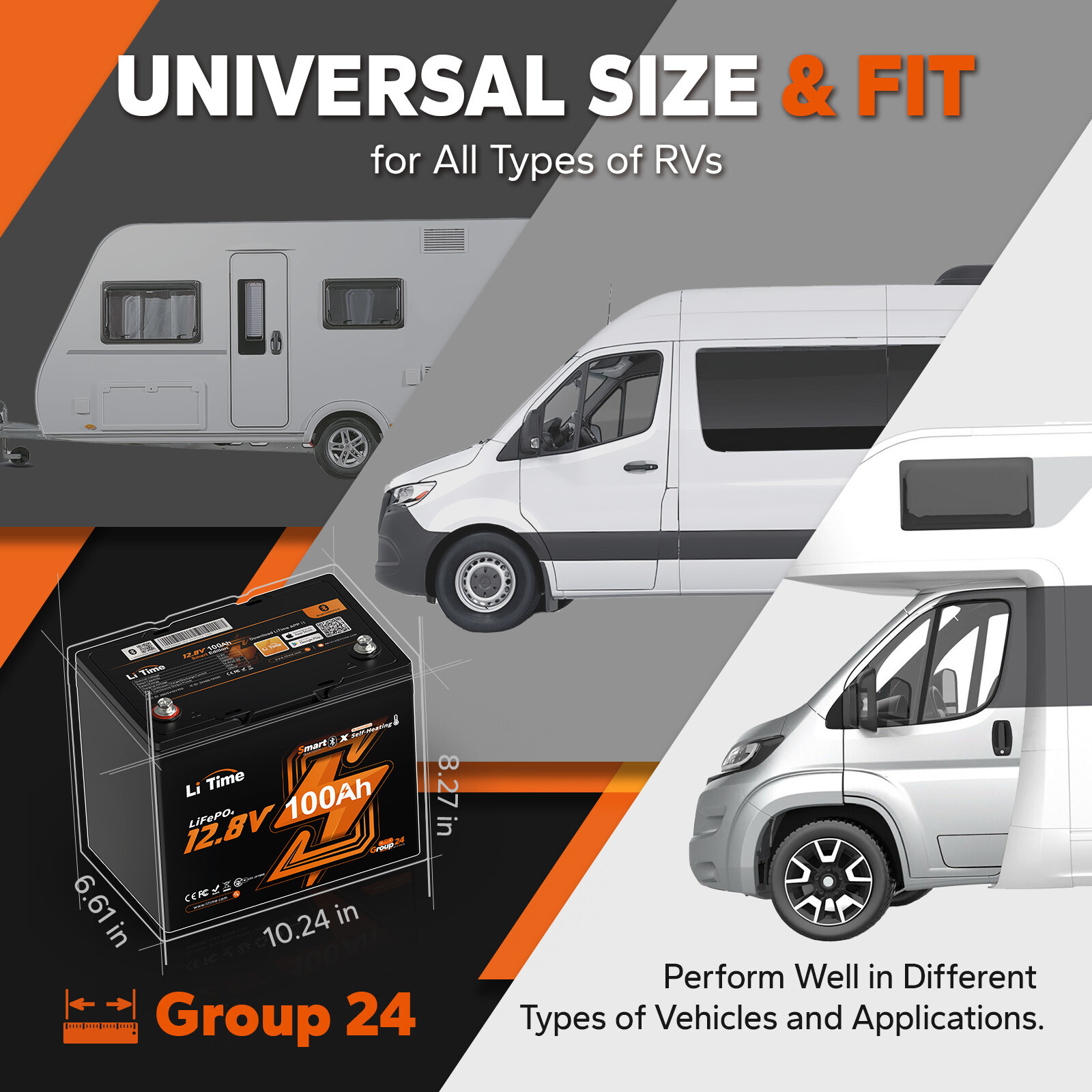 LiTime 12V 100Ah LiFePO4 Self Heating Battery Group 24 Size Bluetooth RV Lithium