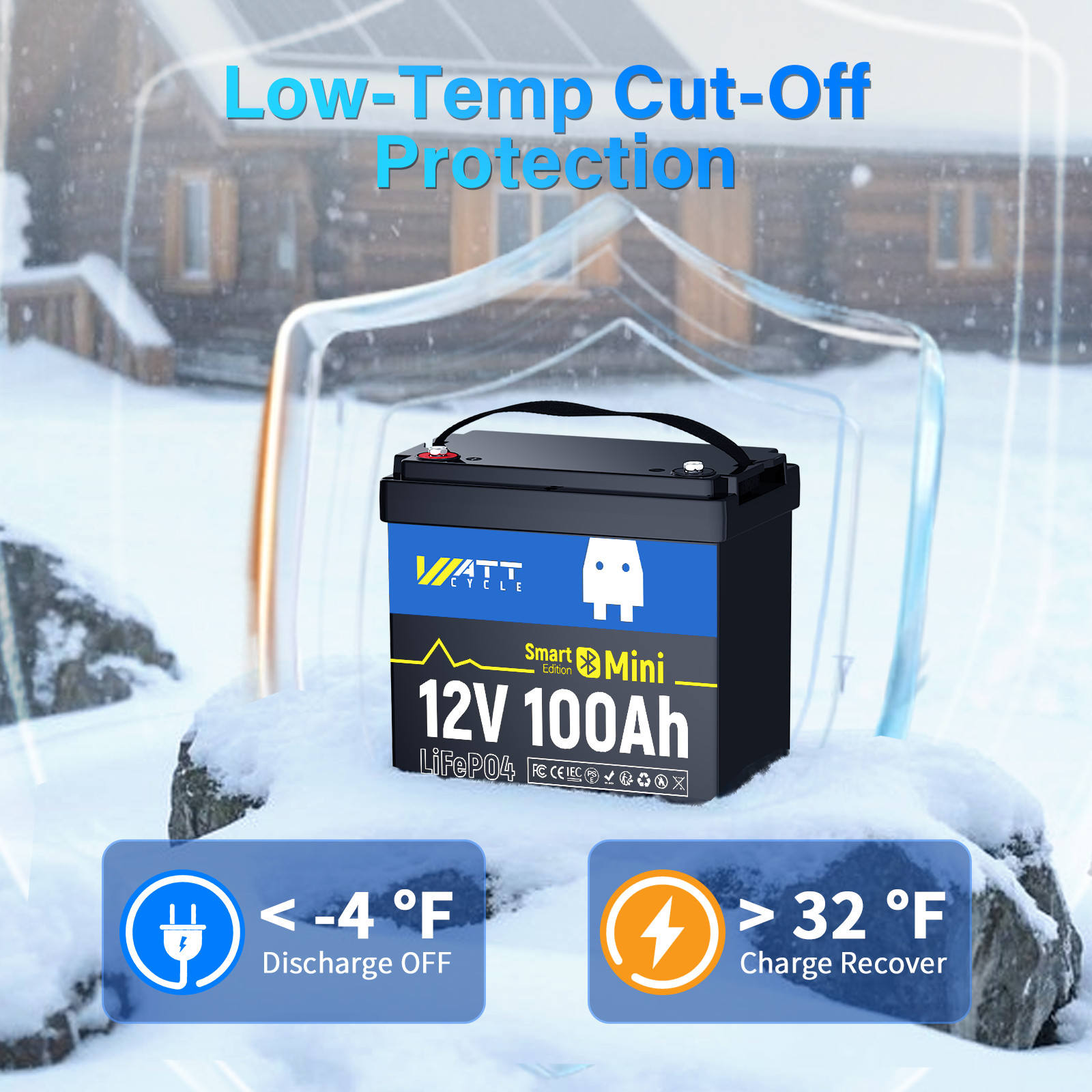 Wattcycle 12V 100Ah Lithium Battery Deep Cycle with BMS for RV Solar Off-Grid