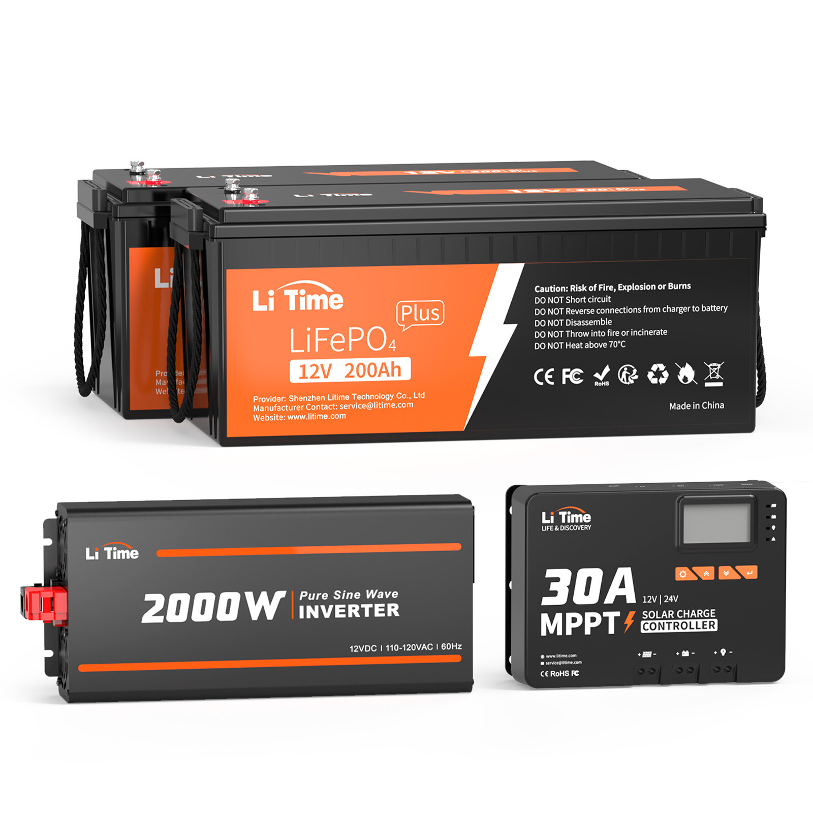 LiTime 5.12kWh Energy 12V 200Ah PLUS LiFePO4 12/24V 30A MPPT 12V 2000W Inverter