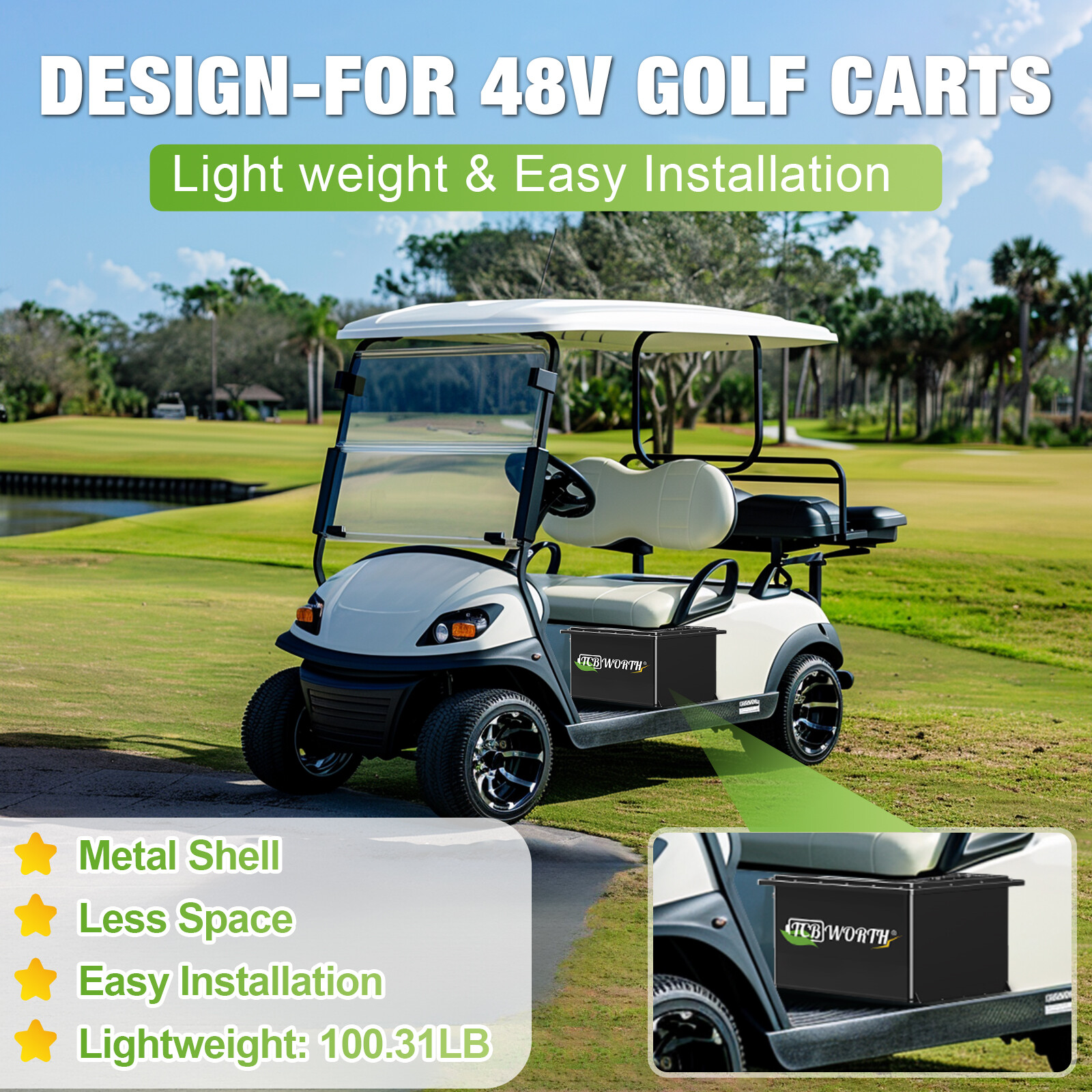 48V 105Ah Golf Cart Lithium LiFePO4 Battery 200A BMS Club Car 15000+ Deep Cycle