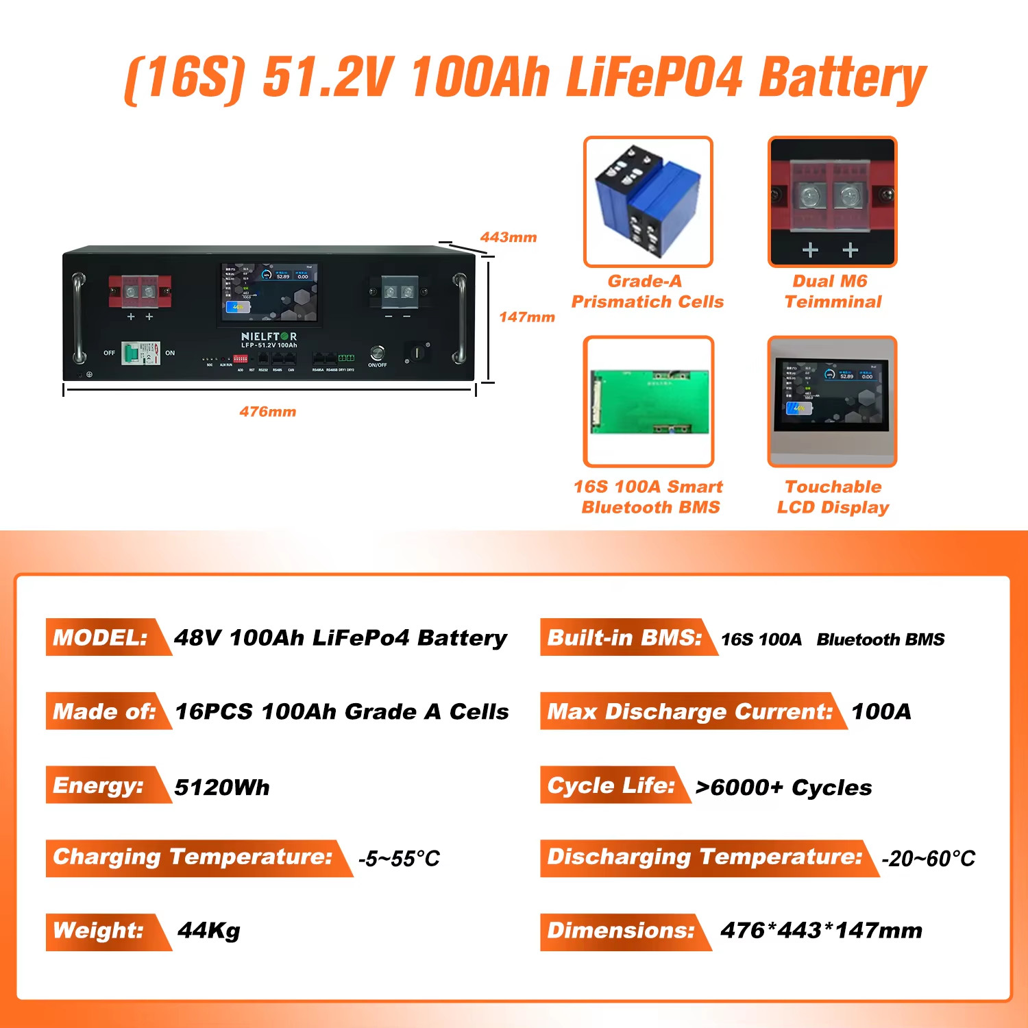 EU Stock 48V 300Ah LiFePO4 Battery Smart BMS 51.2V 100Ah 200Ah 300Ah 600Ah 900Ah