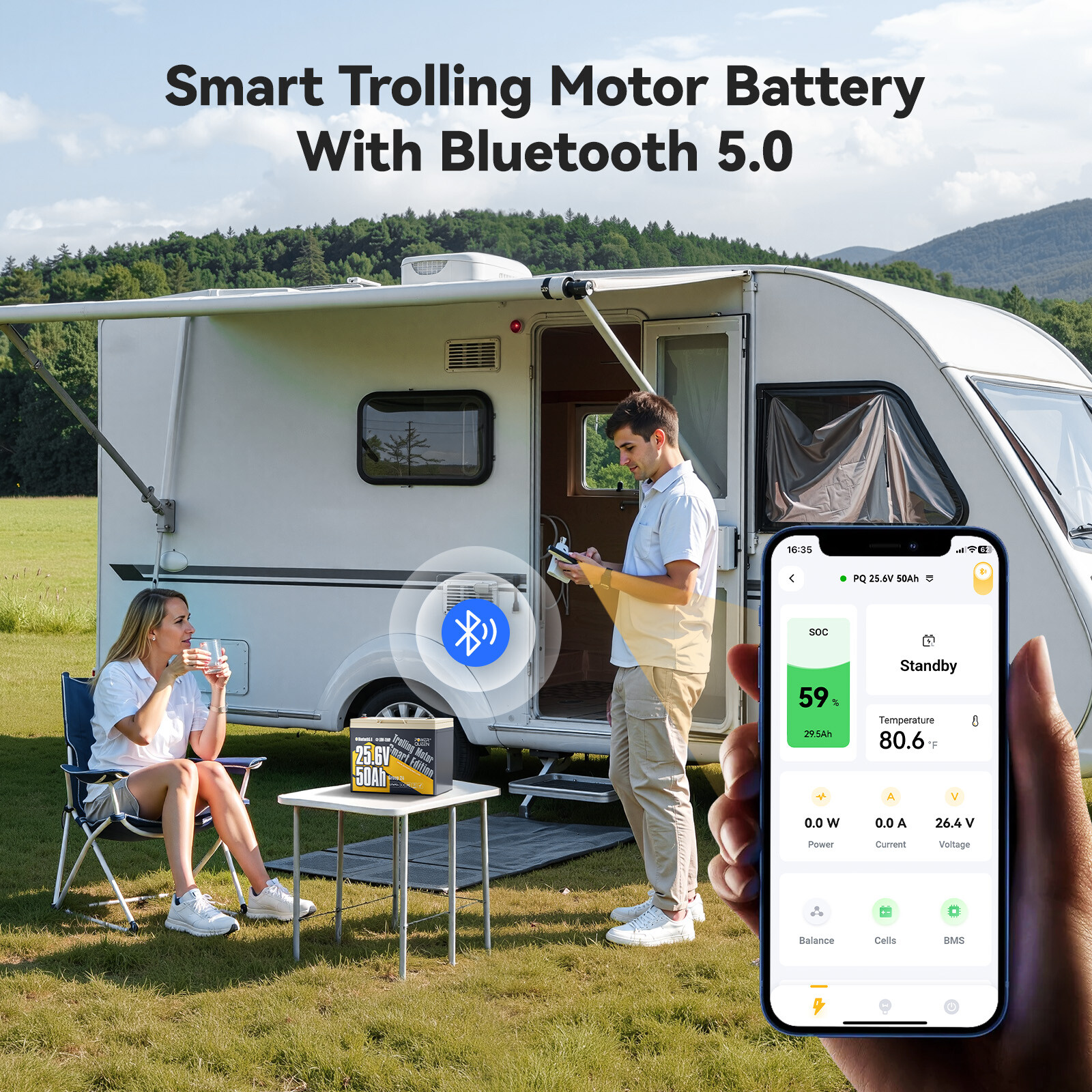 Power Queen 24V 50Ah TM Bluetooth LiFePO4 Lithium Battery BMS for Solar Marine