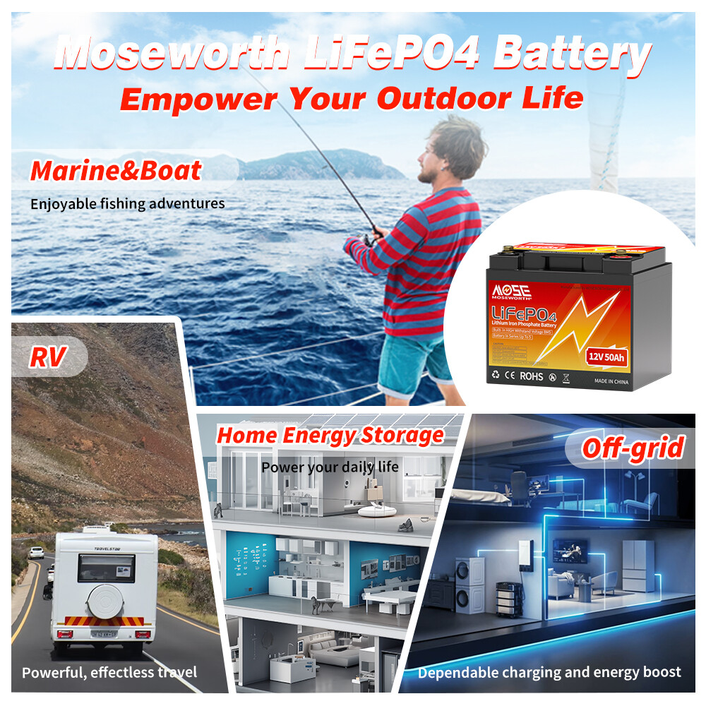 MOSEWORTH 12V 50Ah LiFePO4 Deep Cycle Lithium Battery 50A BMS for Marine Solar