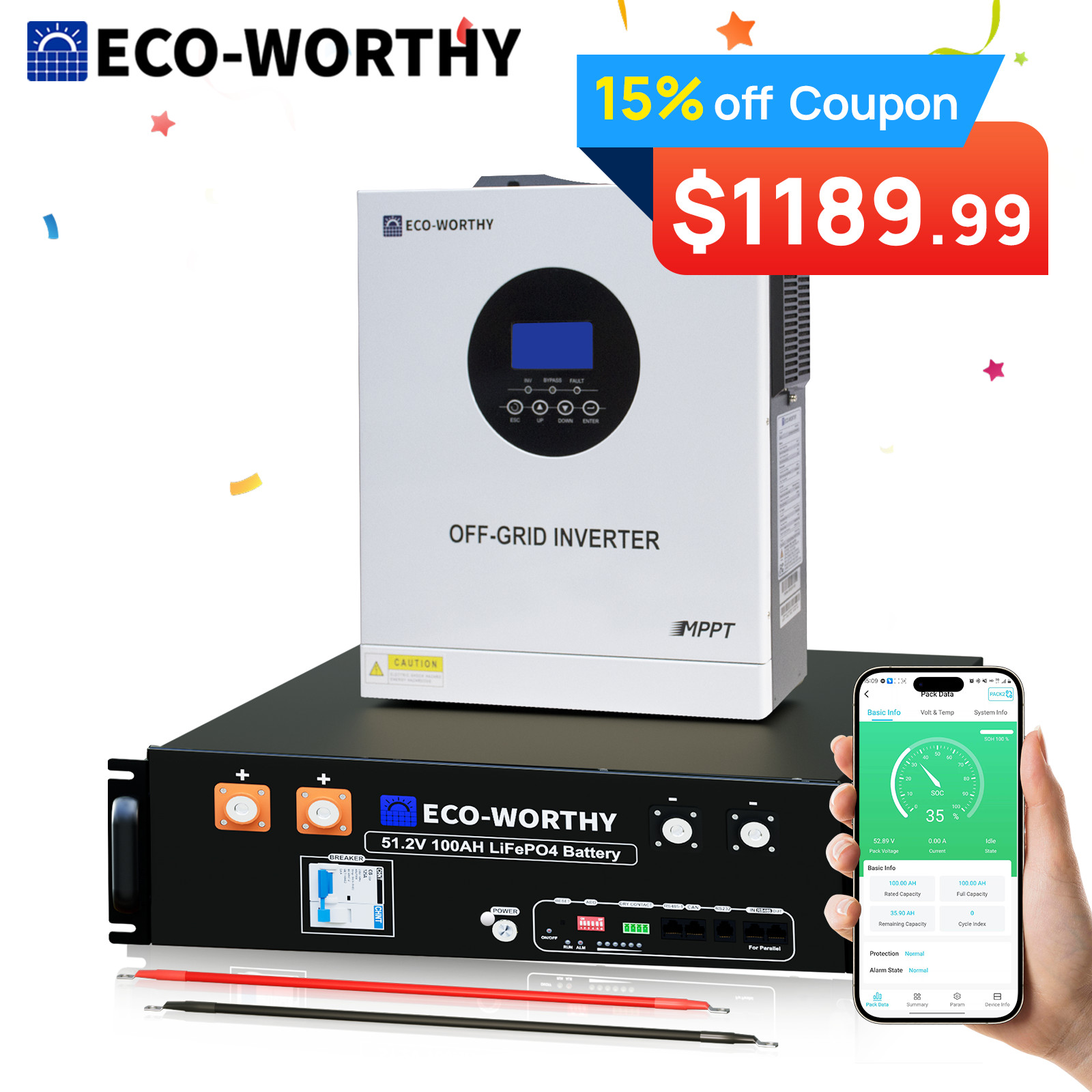 ECO-WORTHY 48V 100Ah LiFePO4 Battery+5kW 48V Inverter Charger Off-Grid For Home