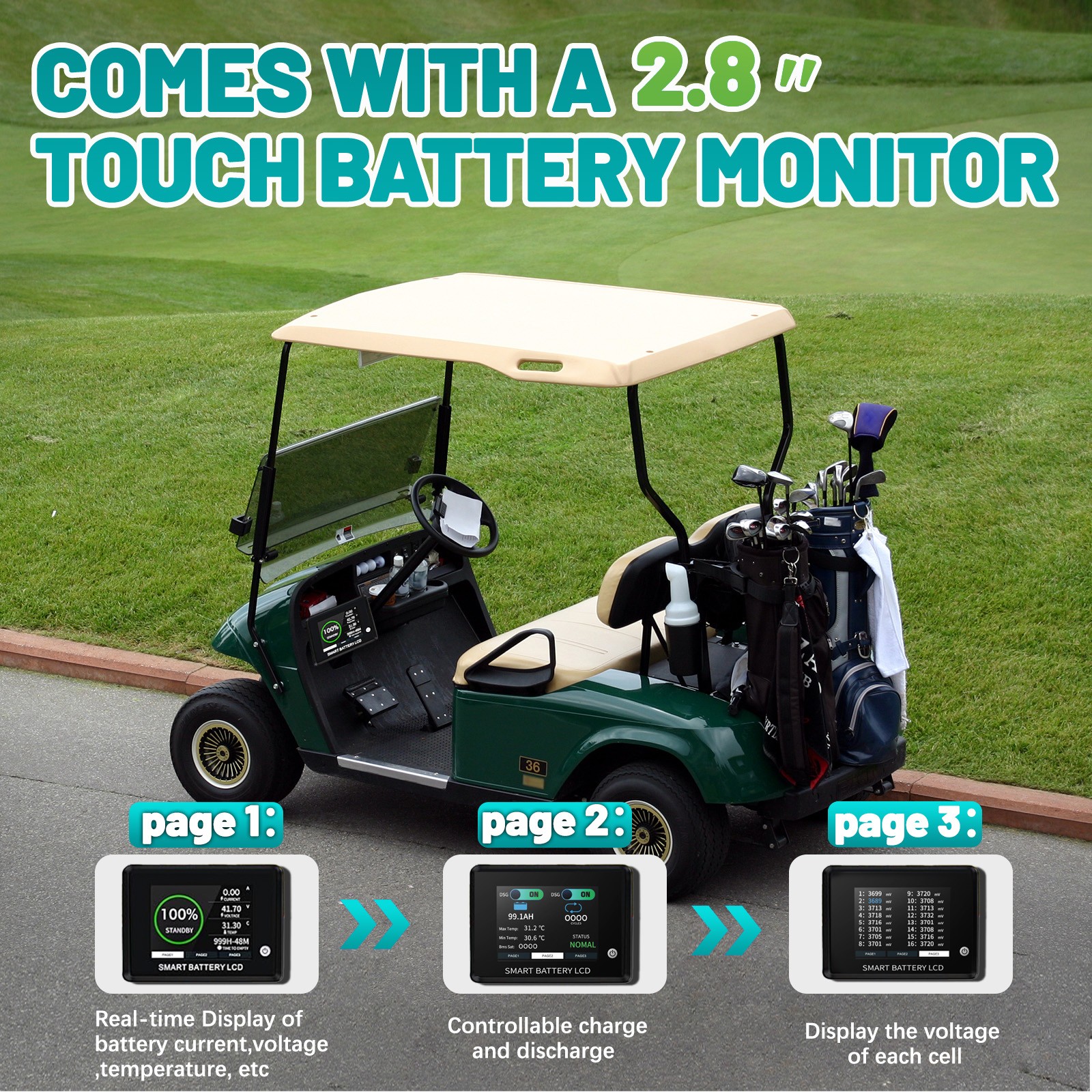 36V 105Ah Golf Cart LiFePO4 Lithium Battery 200A BMS +Monitor+Bluetooth+ Charger