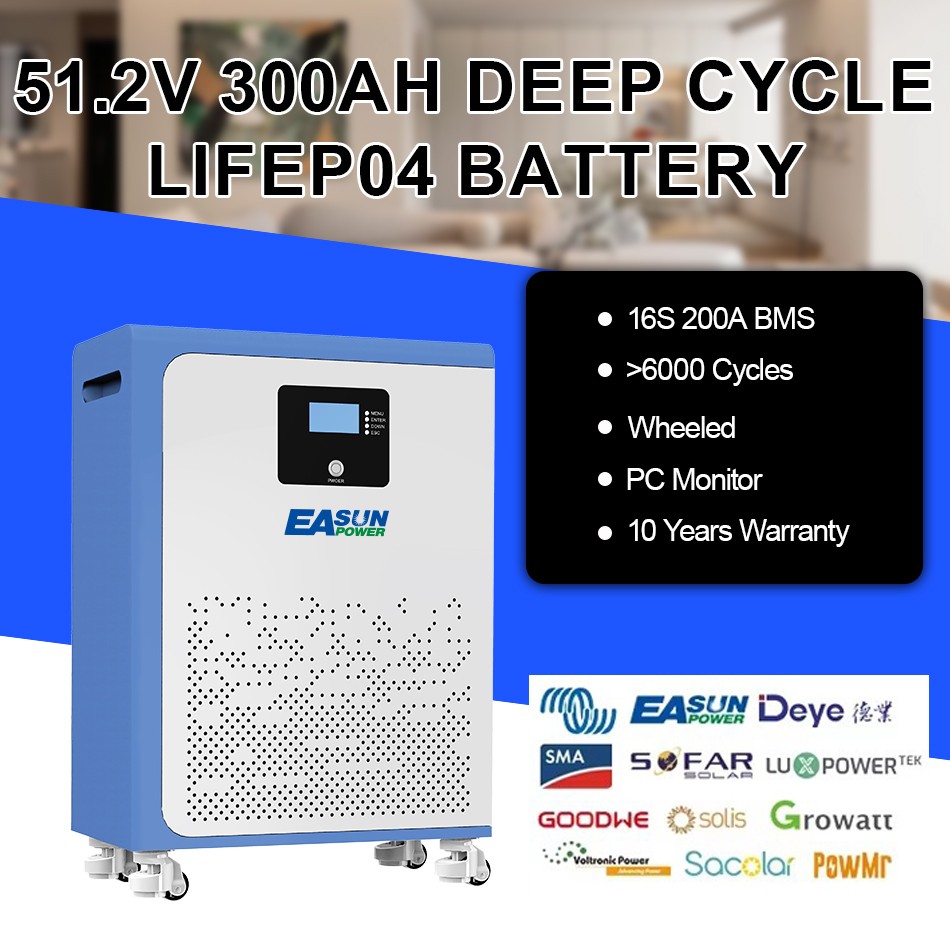 Easun 300Ah 15KWh LiFePO4 Storage Battery 51.2V 200A BMS Wheeled 6000+ Cycles US
