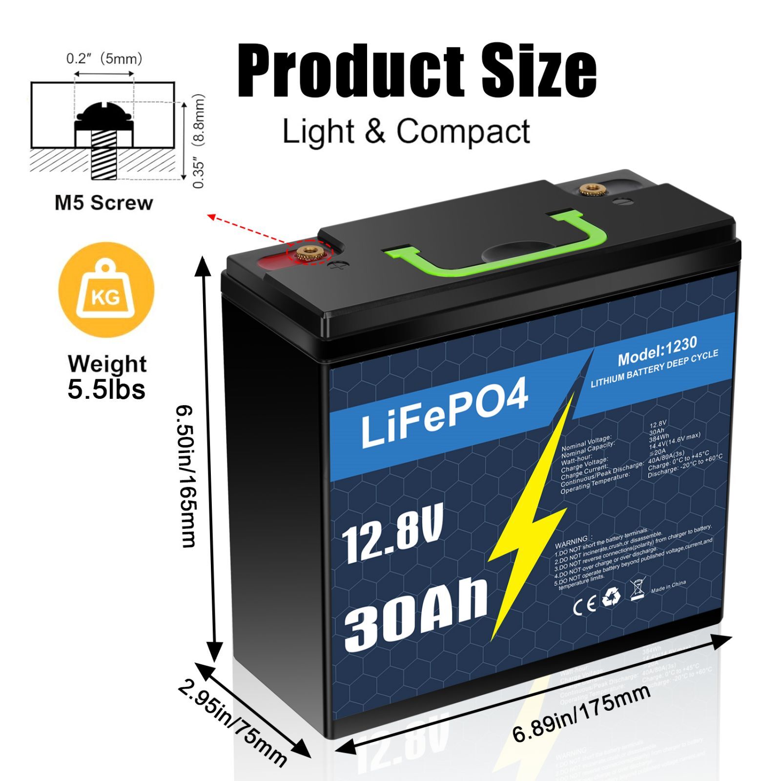 12V 30Ah LiFePO4 Lithium Battery with 5A Charger, Deep Cycle, for Fish Finder