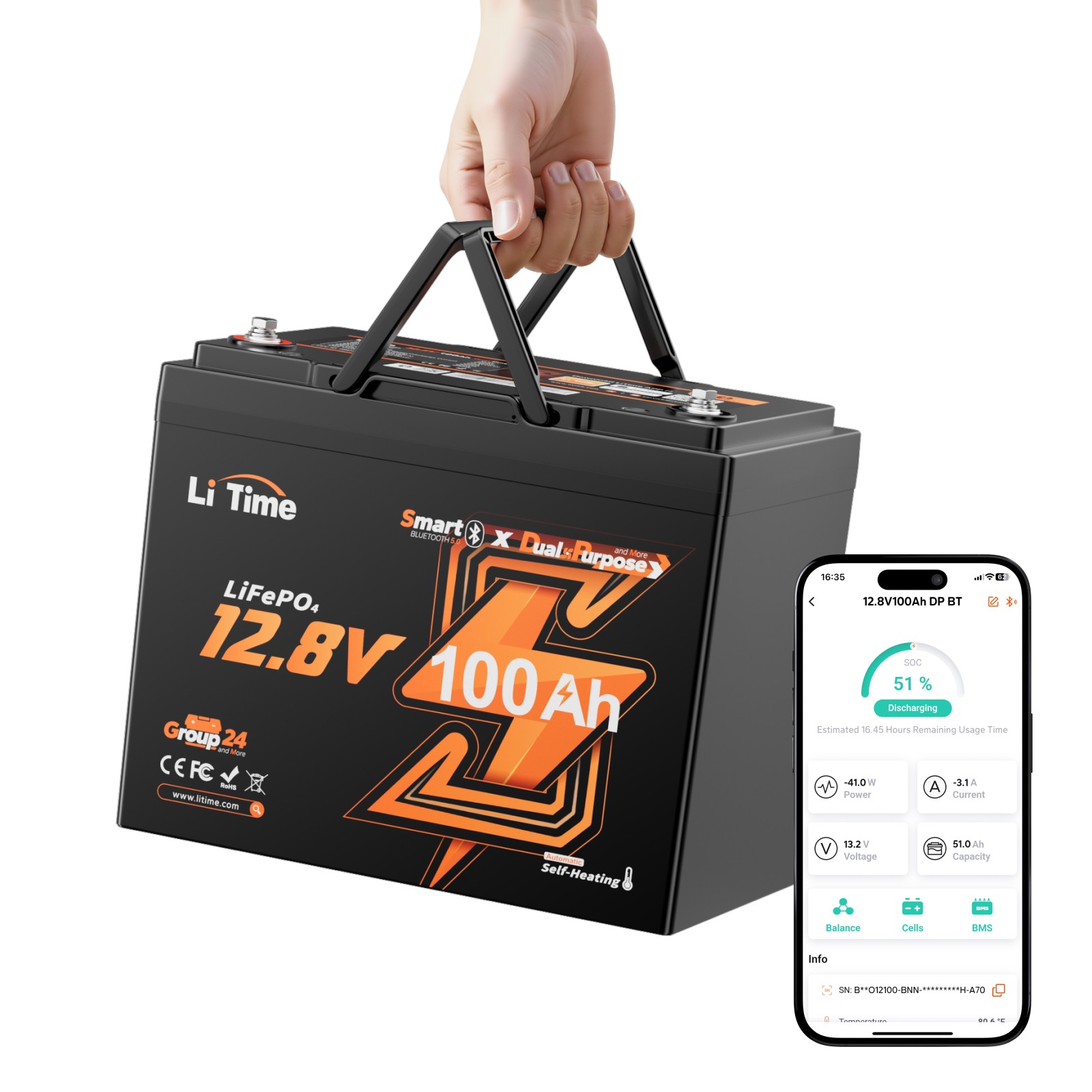 LiTime 12V 100Ah Dual Use Group 24 Smart Marine Starting LiFePO4 Battery 900 CCA