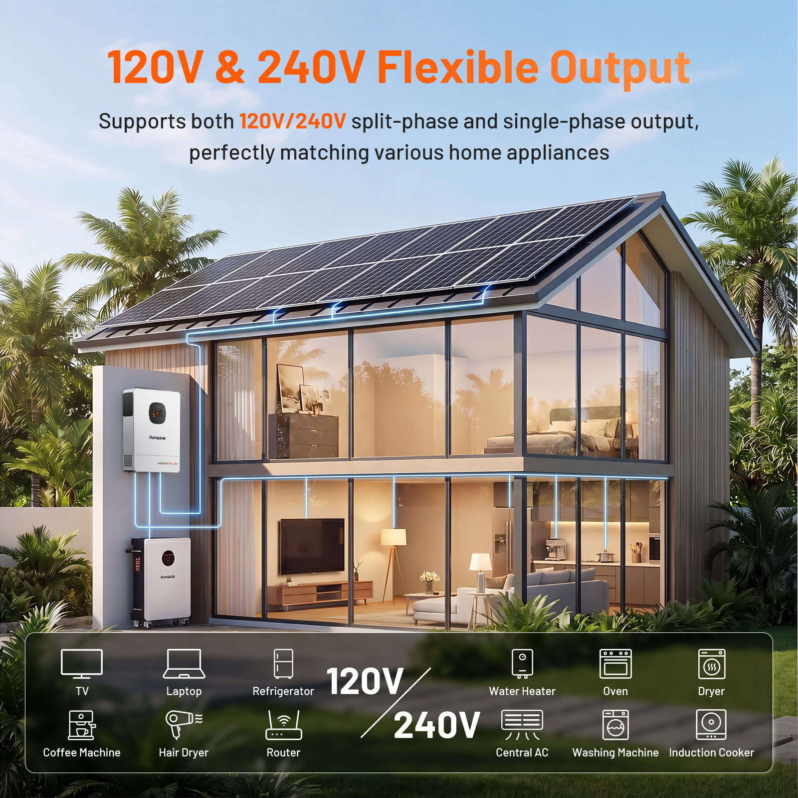 48V 100V 5120Wh Wall-Mounted Battery +48V 12KW Solar Hybrid Inverter Dual MPPT