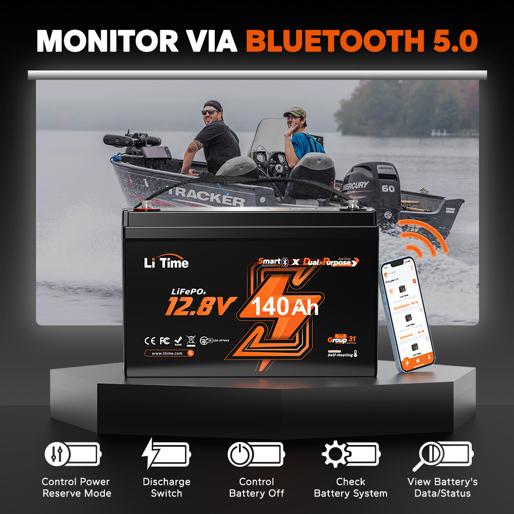 Refurbished LiTime 12V 140Ah Bluetooth Dual Use Marine LiFePO4 Battery CCA 1000