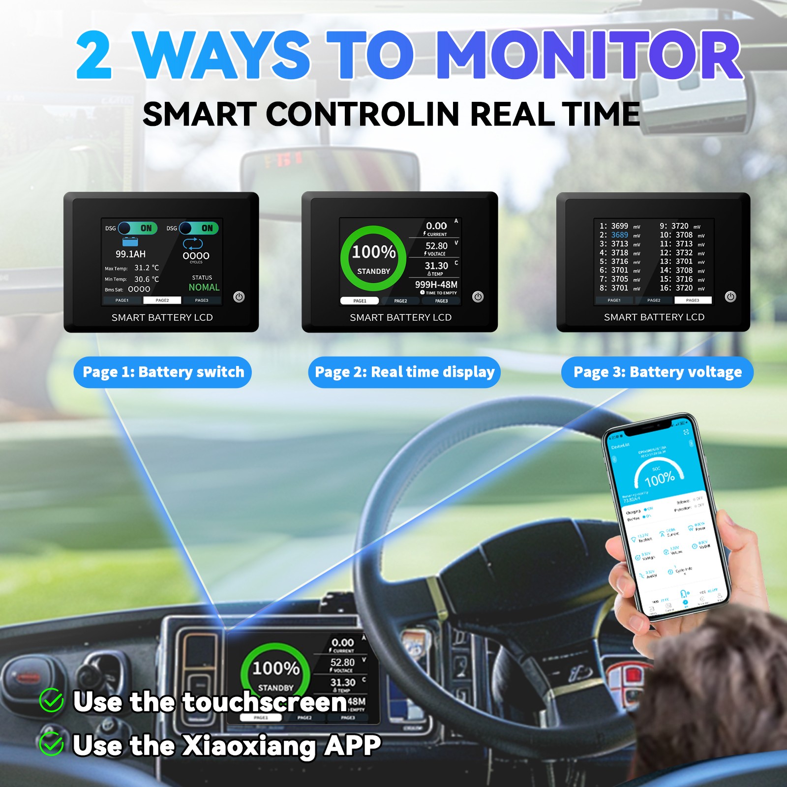 72V 105Ah Golf Cart LiFePO4 Lithium BT Battery 200A BMS+Monitor+80.3V18A Charger
