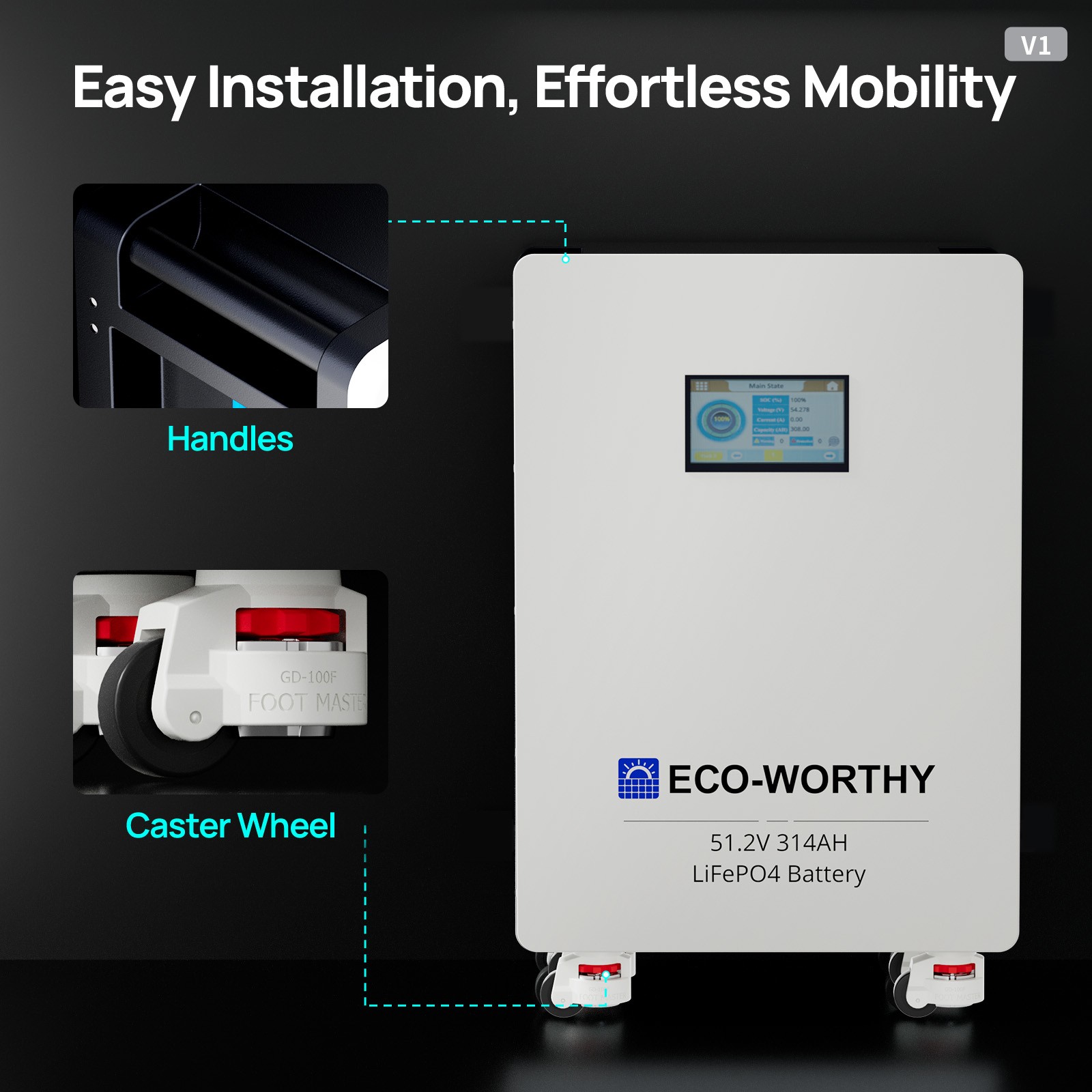 ECO-WORTHY 14kWh 48V 280AH LiFePO4 Battery Vertical Standing Solar Backup UPS