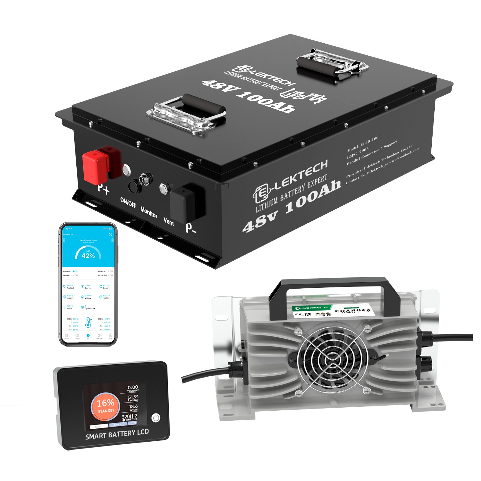 48V 100Ah Golf Cart LiFePO4 Lithium Battery with Charger 200A BMS Off-grid Solar