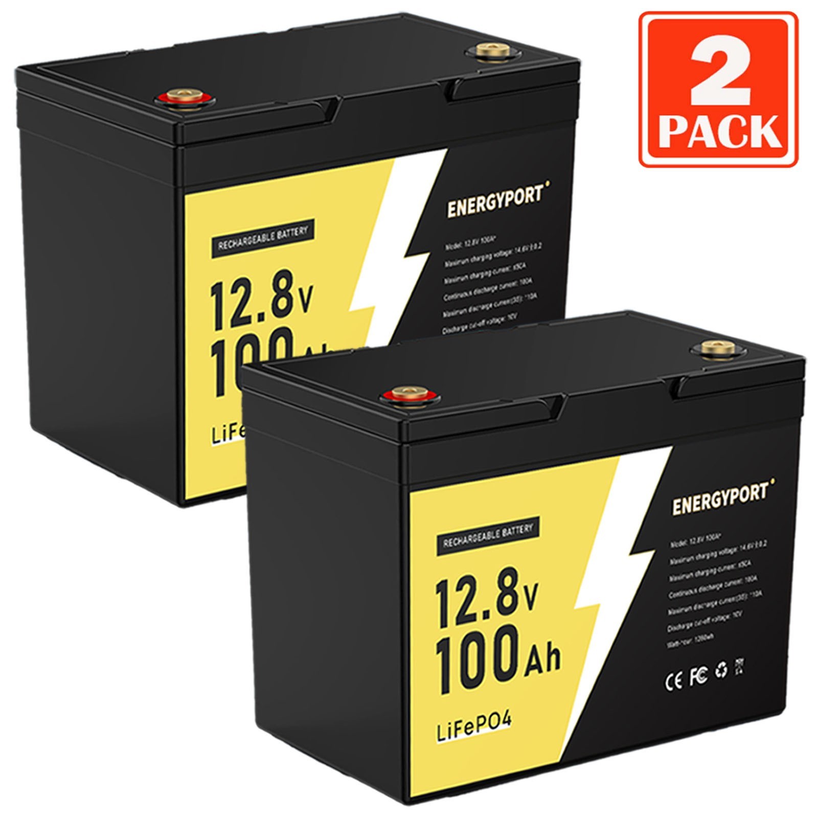 2Pcs LiFePO4 Battery 12V 100Ah Deep Cycle Built-in BMS RV Solar Marine Golf Cars