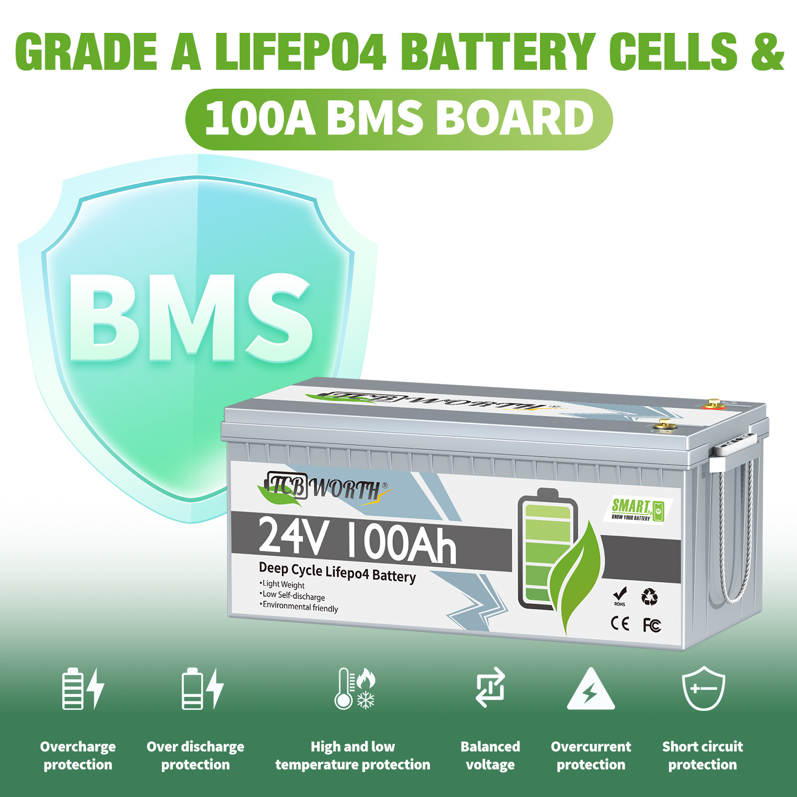 24V 100Ah LiFePO4 Lithium Battery Smart for RV Camping Marine Solar System