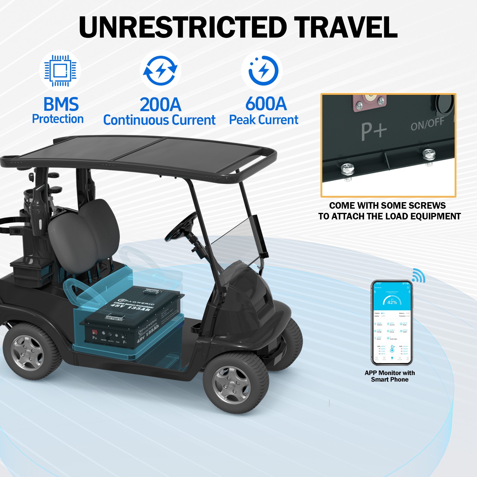 Paoweric 48V 135Ah Golf Cart LiFePO4 Lithium Battery 200A BMS RV Solar Off-Grid