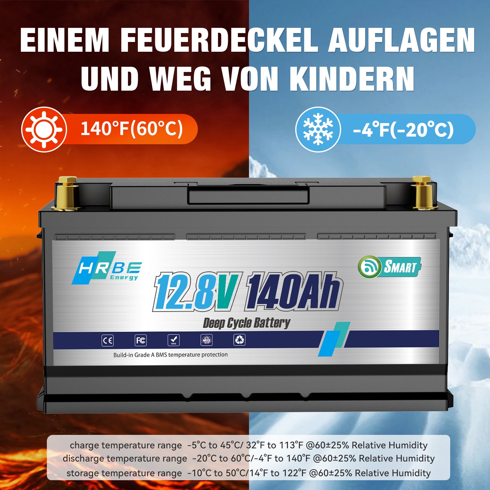 12V 140Ah 1792Wh Bluetooth LiFePO4 Battery with 100A BMS for RV Solar Marine