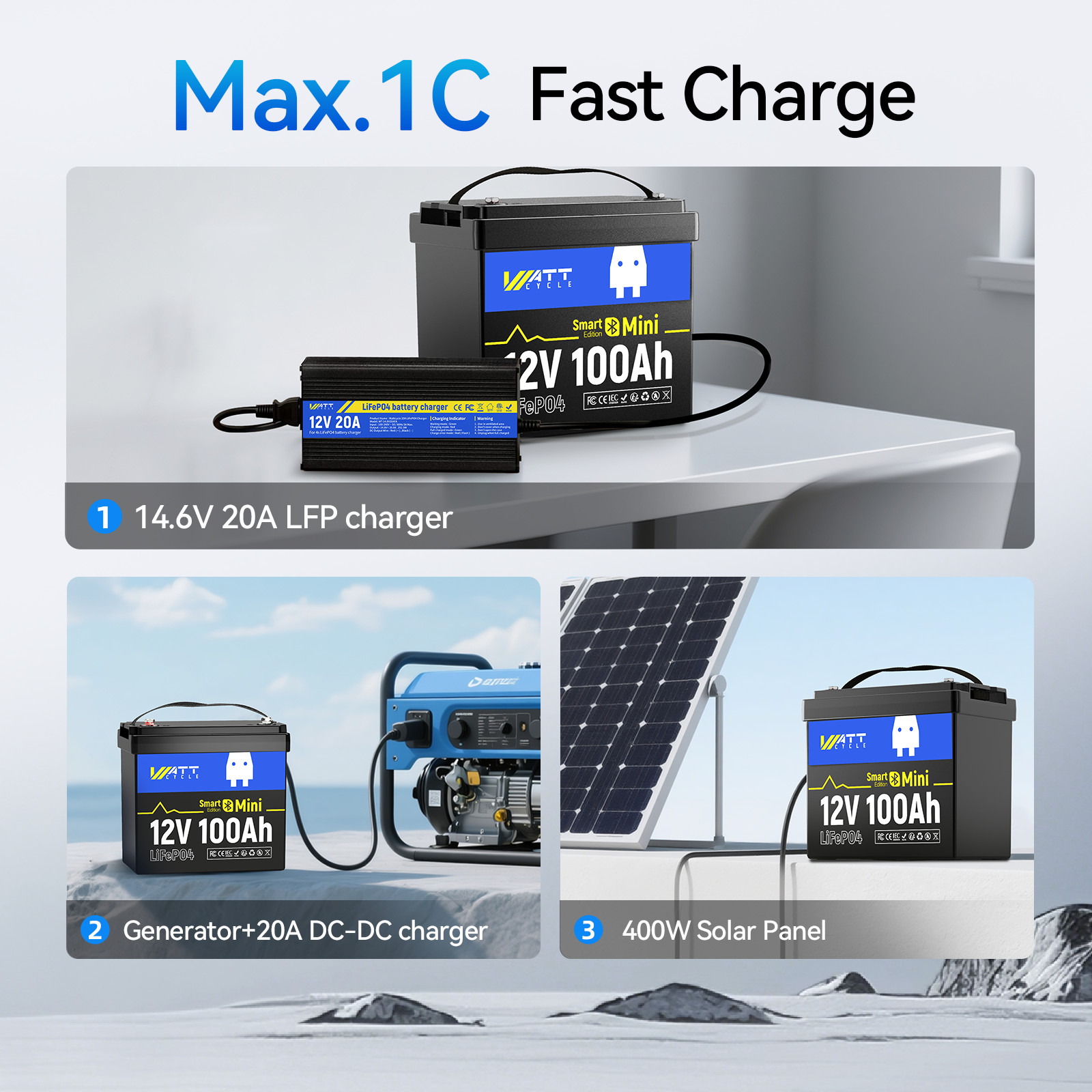 3Pack WattCycle 12V 100Ah LiFePO4 Battery Grade A+ Cell Trolling Motor Yacht RV