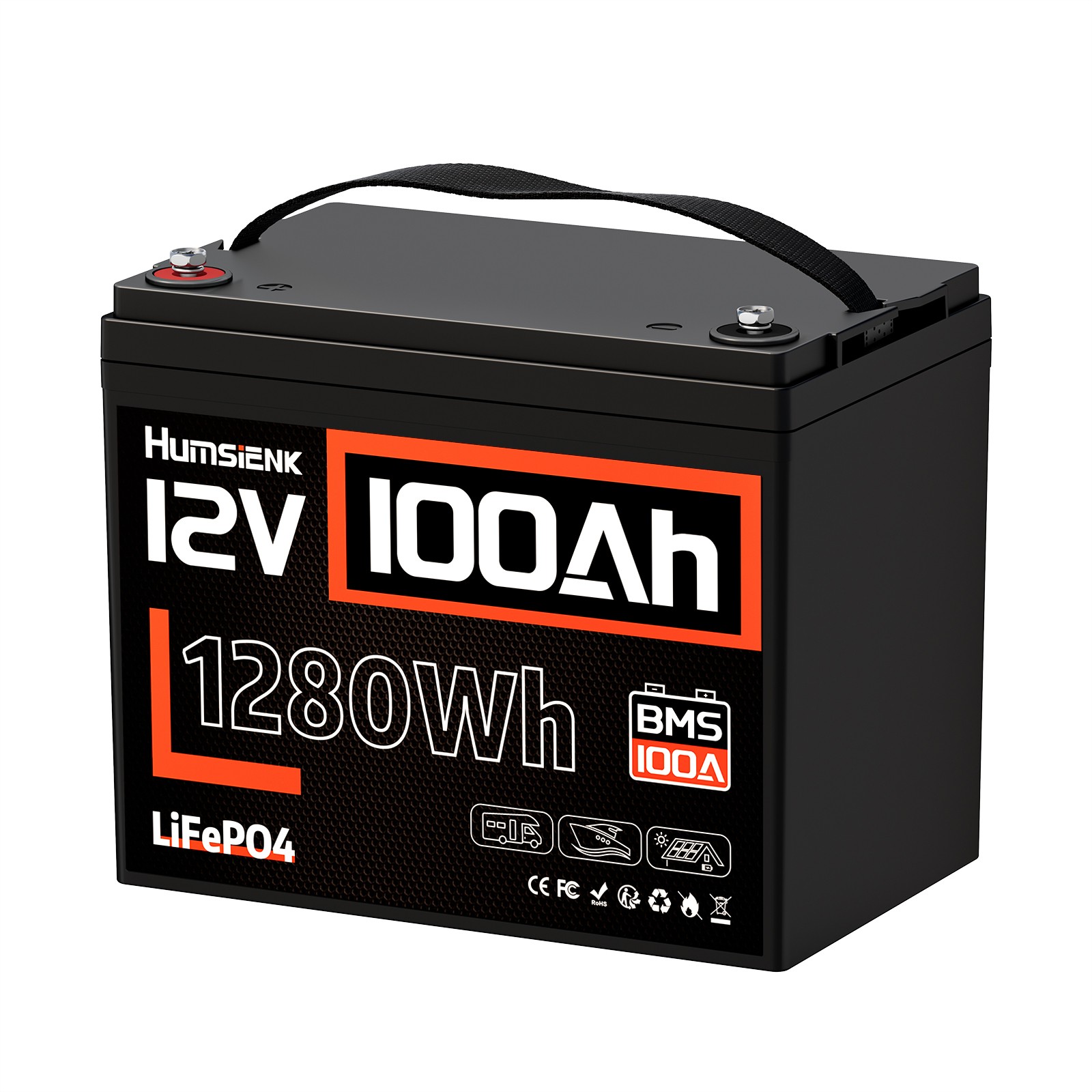 Humsienk 12V 100Ah 1280Wh Lithium Battery LiFePO4 Group 24 Deep Cycles Camping