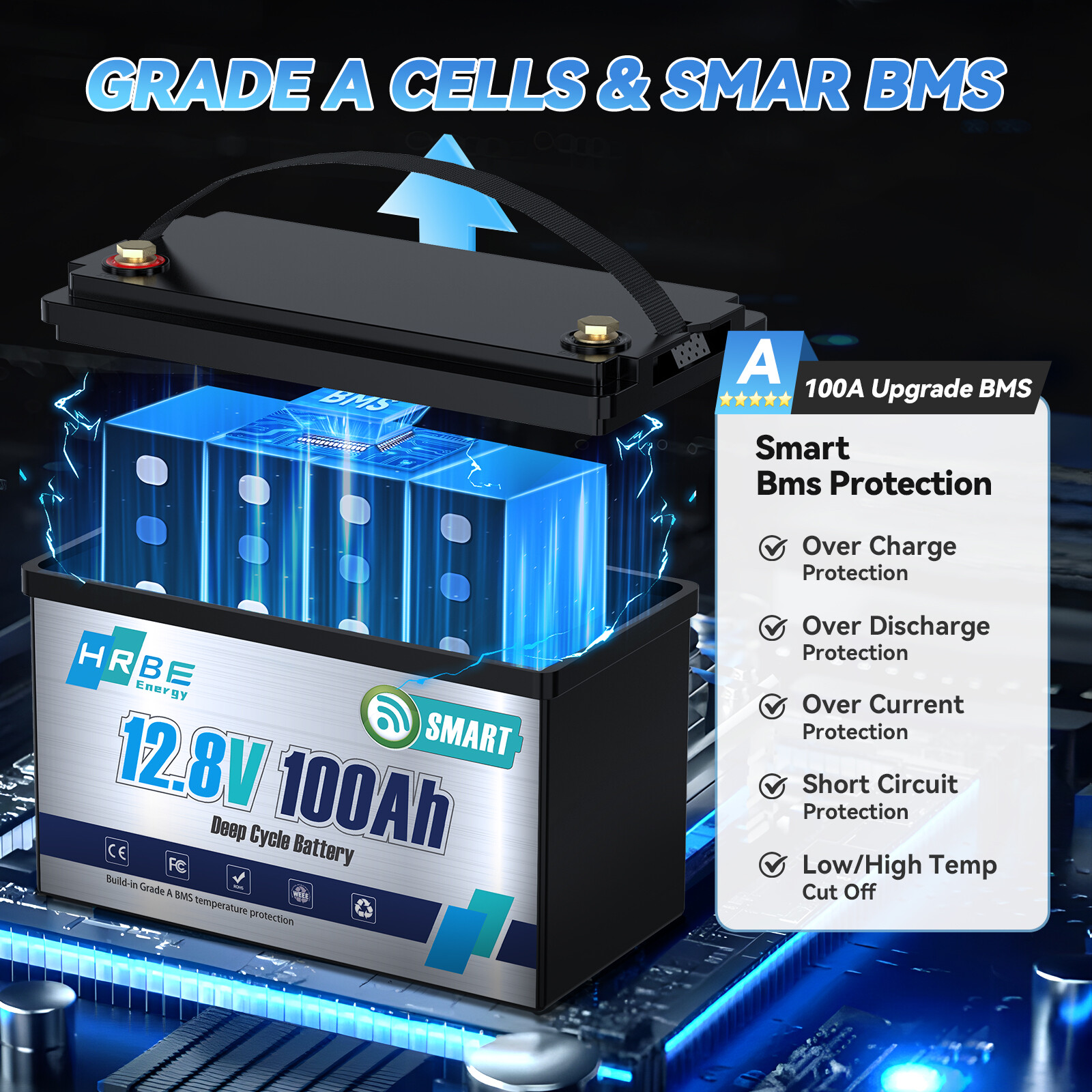 12V 100Ah LiFePO4 Lithium Battery Mini Bluetooth Monitorin 10000+Cycles RV Solar