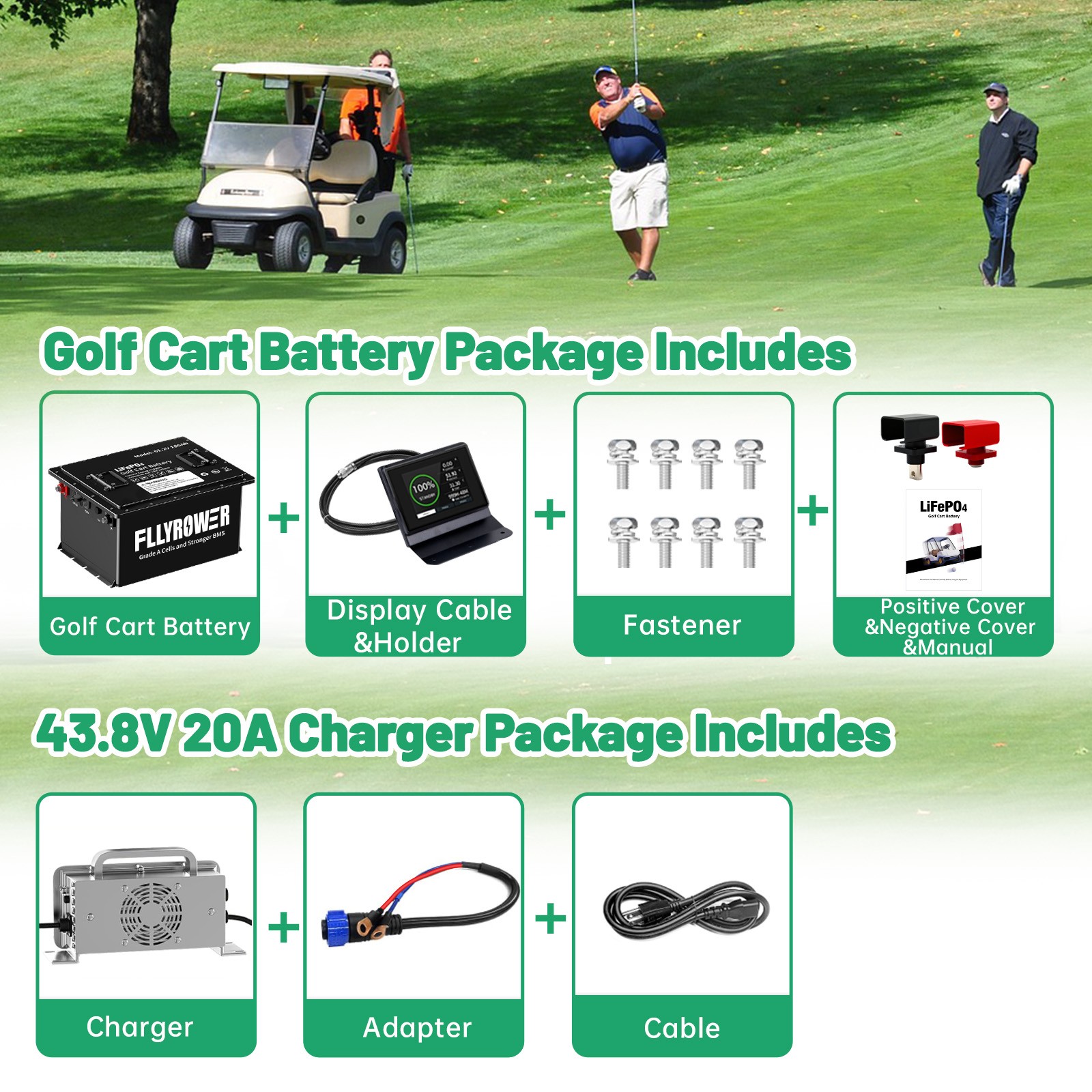 36V 105Ah Golf Cart LiFePO4 Lithium Battery 200A BMS +Monitor+Bluetooth+ Charger