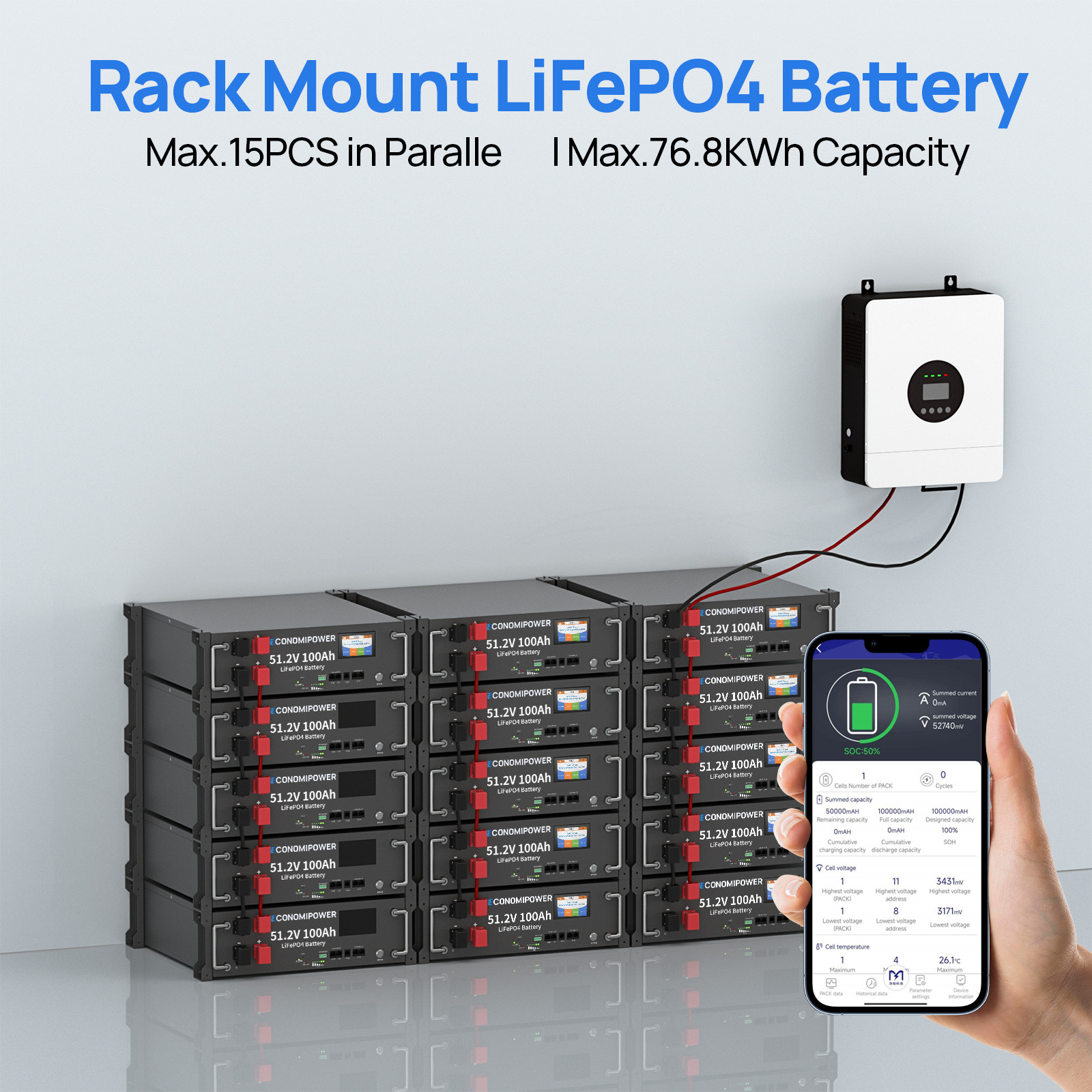 48V 100Ah 3U Rack LiFePO4 Battery 100A BMS Bluetooth Solar Home Off-Grid Storage