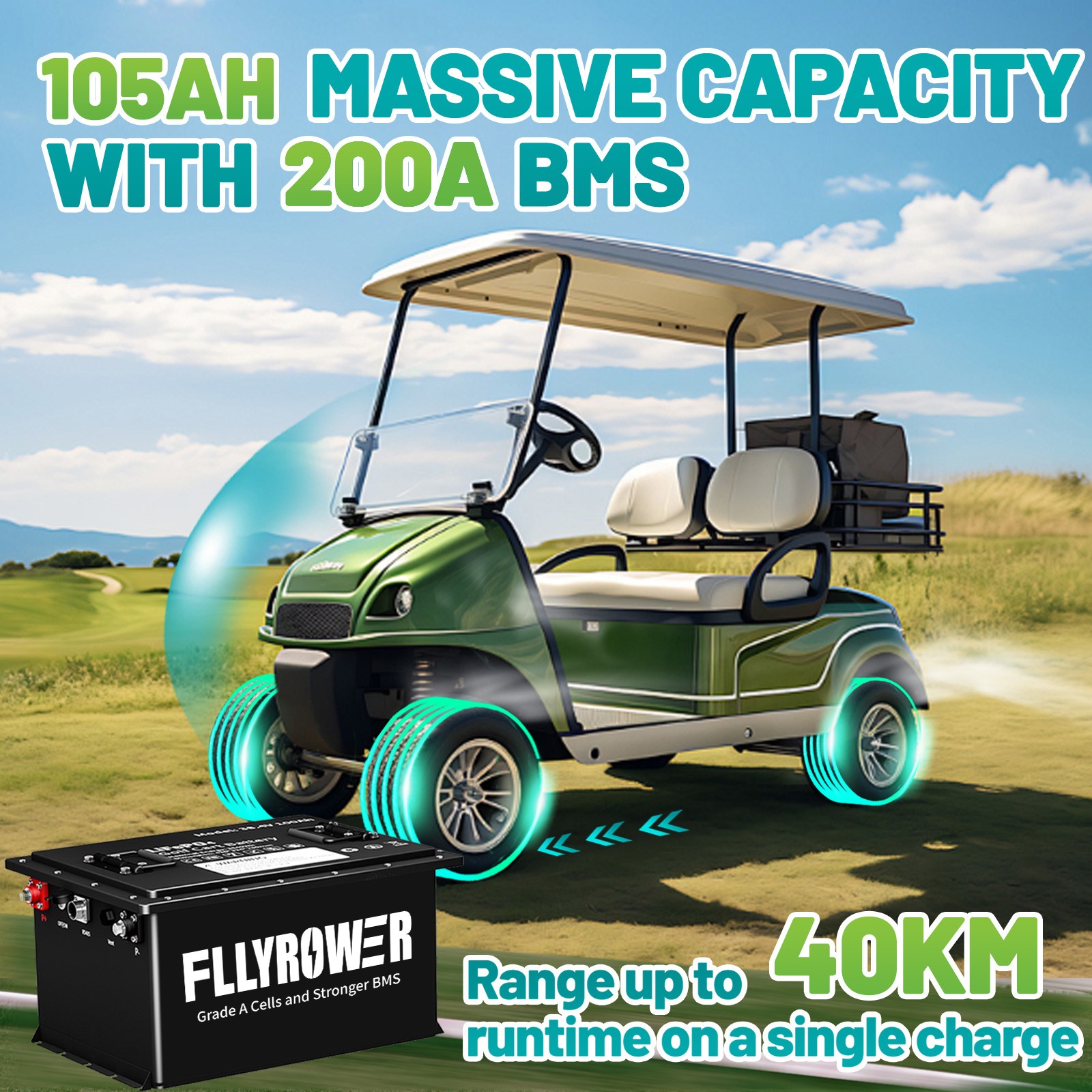 36V 105Ah Golf Cart LiFePO4 Lithium Battery 200A BMS +Monitor+Bluetooth+ Charger