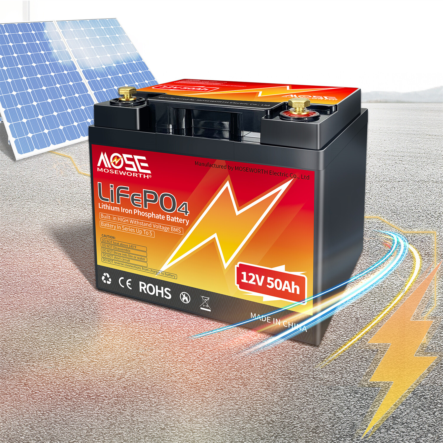 MOSEWORTH 12V 50Ah LiFePO4 Deep Cycle Lithium Battery 50A BMS for Marine Solar