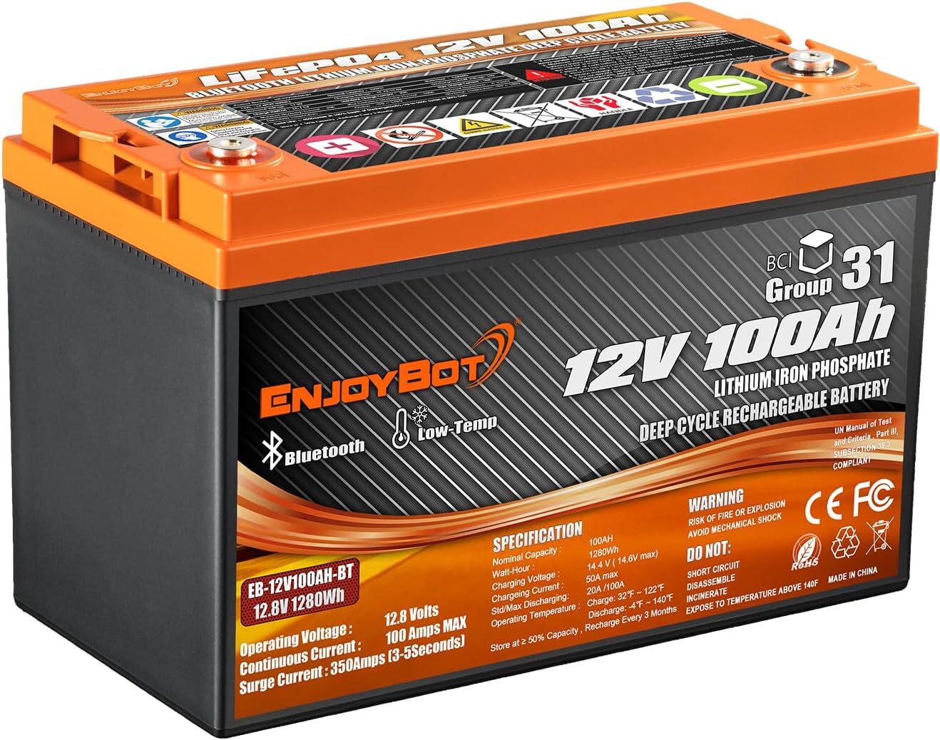 12V 100Ah LiFePO4 Lithium Battery BlueTooth 100A BMS for RV Solar Trolling Motor